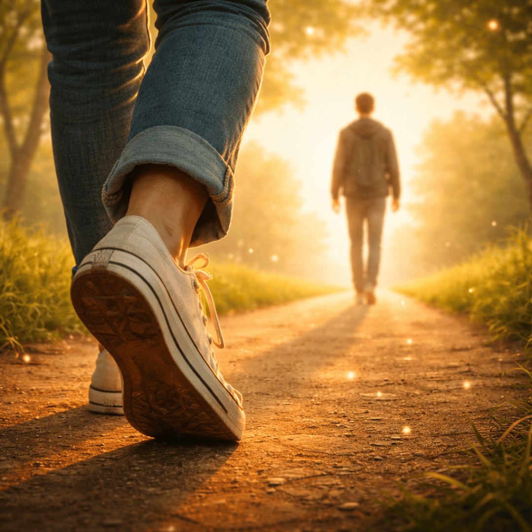 Nahaufnahme des Schuhs einer Person, die einen sonnenbeschienenen, von Bäumen gesäumten Weg entlanggeht, während eine andere Person im weichen, goldenen Licht vorausgeht. Die Atmosphäre ist warm und friedlich, mit funkelndem Licht auf dem Boden.