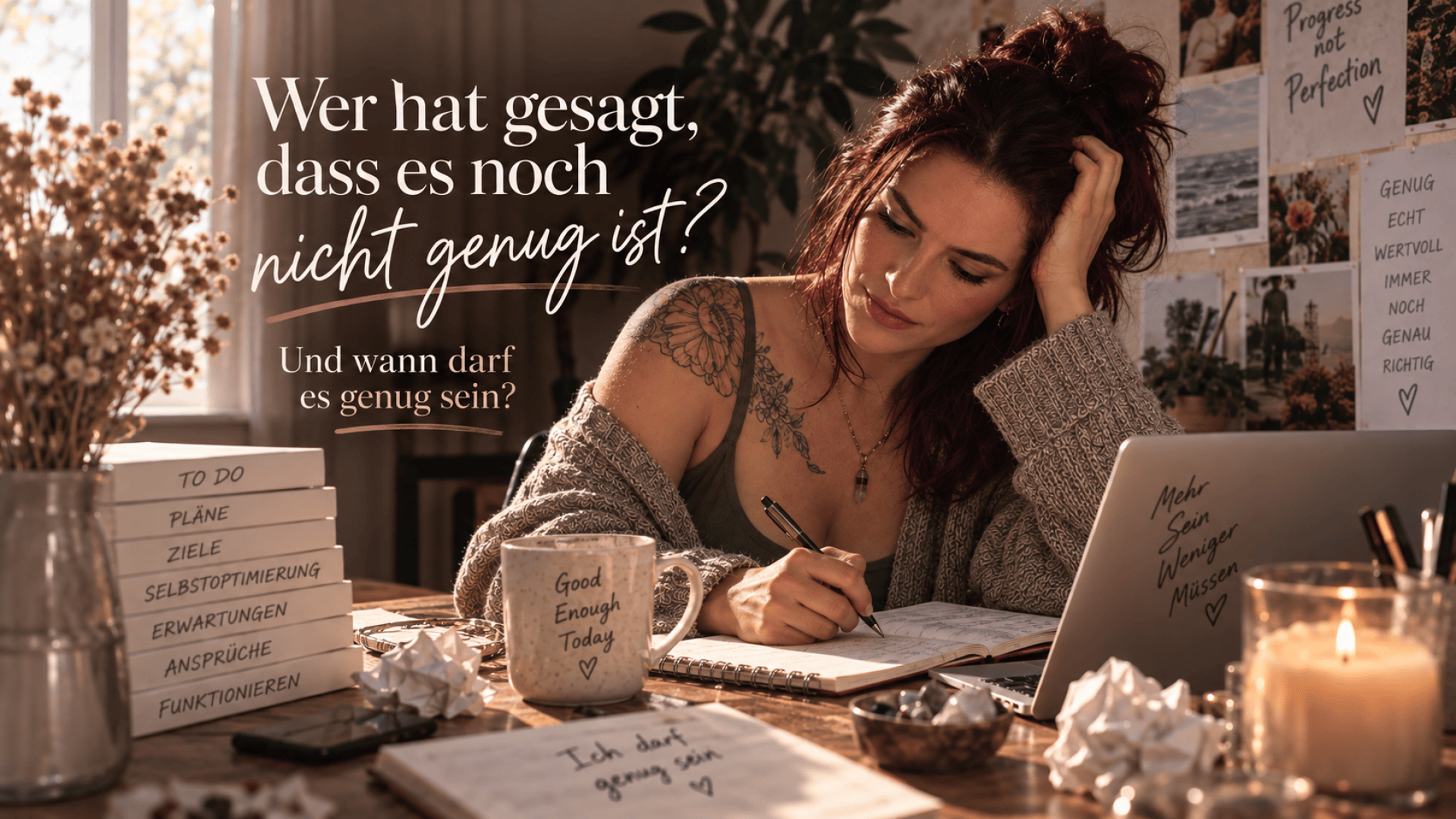 Eine Frau mit Tattoos schreibt an einem gemütlichen Schreibtisch, der mit inspirierenden Notizen und sanfter Beleuchtung geschmückt ist, in ein Notizbuch. Der deutsche Text auf dem Bild wirft Fragen zur Selbstverbesserung und Zufriedenheit auf.