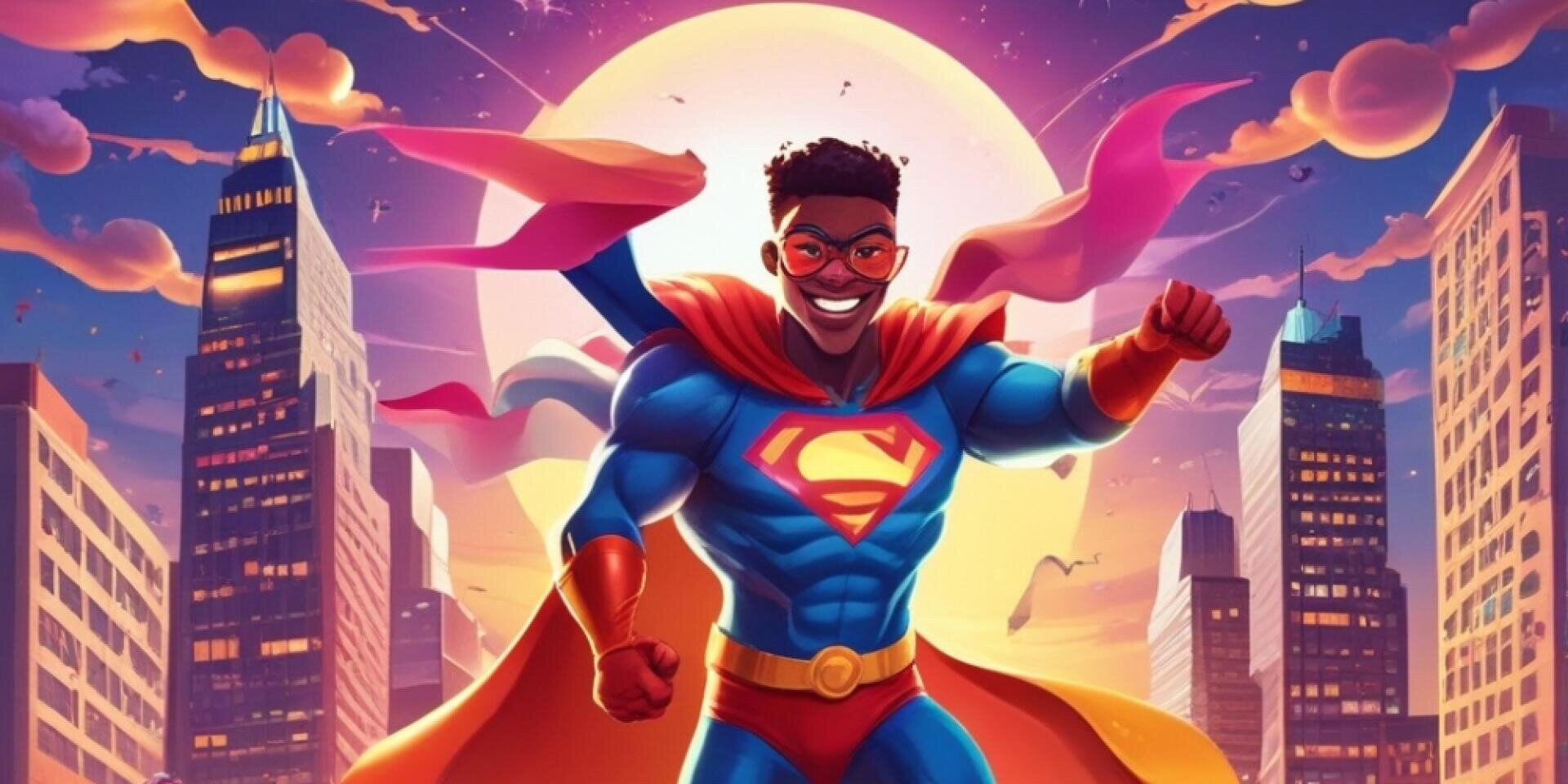 Ein lächelnder Superheld mit dunkler Haut, lockigem Haar und Brille fliegt bei Sonnenuntergang über eine Stadt. Er trägt einen blauen Anzug mit einem roten "S"-Emblem, einen roten Umhang und einen gelben Gürtel, mit Wolkenkratzern und dramatischen Wolken im Hintergrund.
