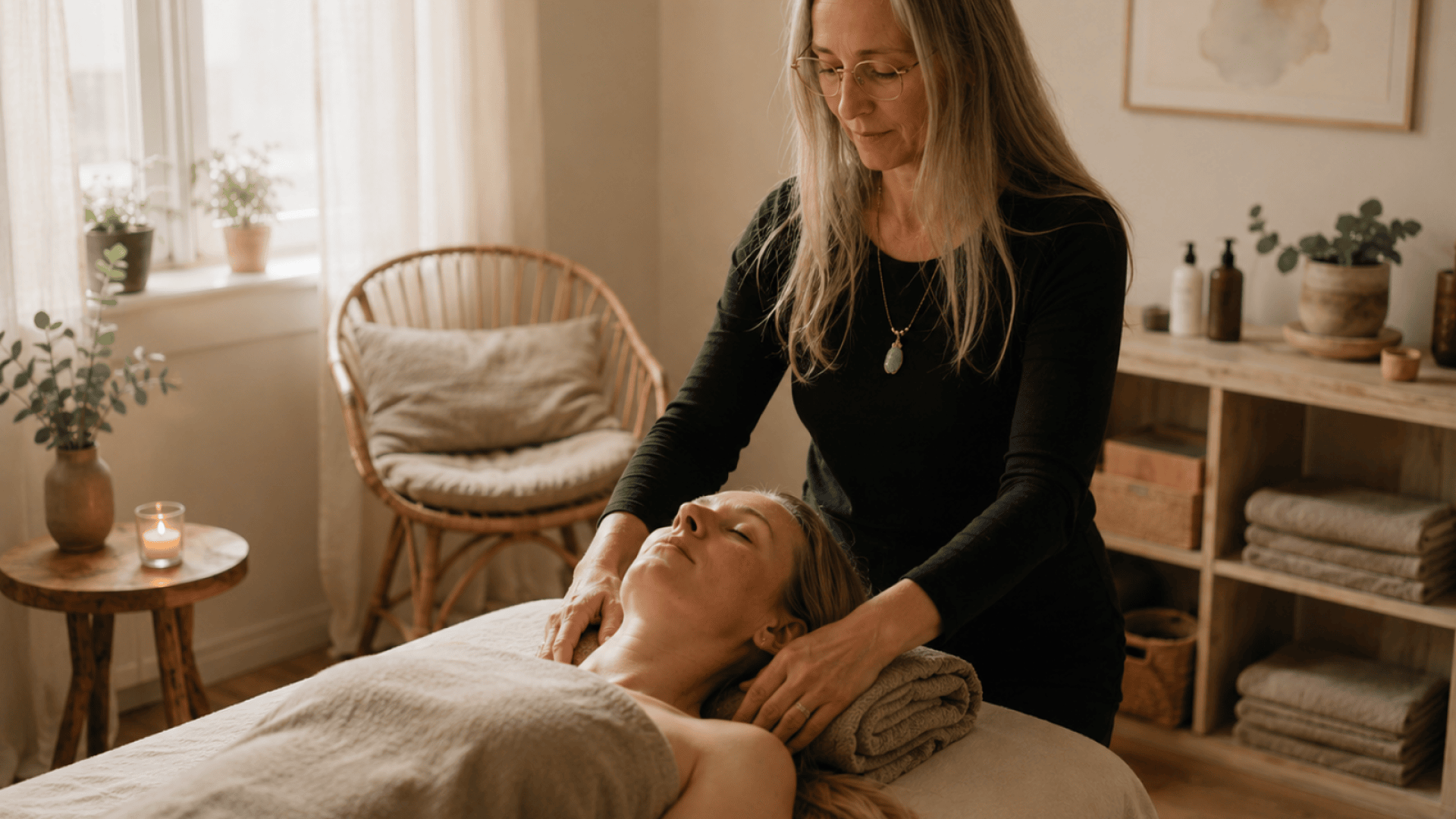 Ein Massagetherapeut, der einer auf einer Behandlungsliege liegenden Frau eine Schultermassage gibt.