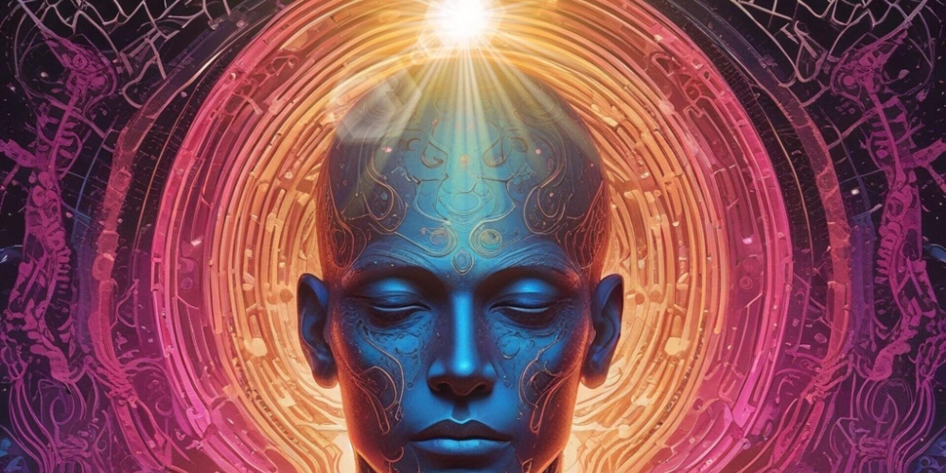 Ein digitales Kunstwerk mit einem blau getönten, menschenähnlichen Gesicht mit verschlungenen Mustern, zentriert unter einem strahlenden Licht an der Spitze, umgeben von wirbelnden, bunten, abstrakten Ringen und kosmischen Mustern, die ein mystisches oder spirituelles Thema evozieren.