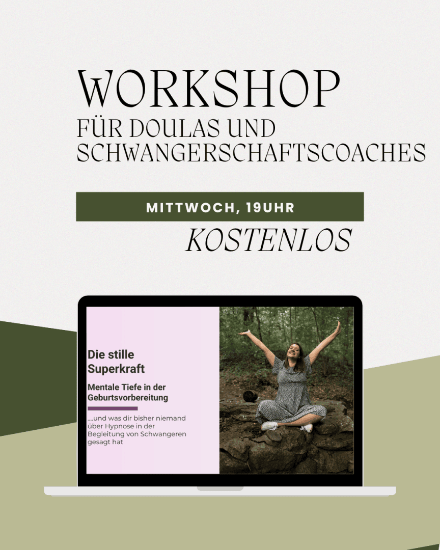 Ankündigung für einen kostenlosen Workshop für Doulas und Schwangerschaftscoaches am Mittwoch um 19 Uhr. Ein offener Laptop zeigt eine lächelnde Frau, die im Freien sitzt, und einen Text über mentale Tiefe in der Geburtsvorbereitung.