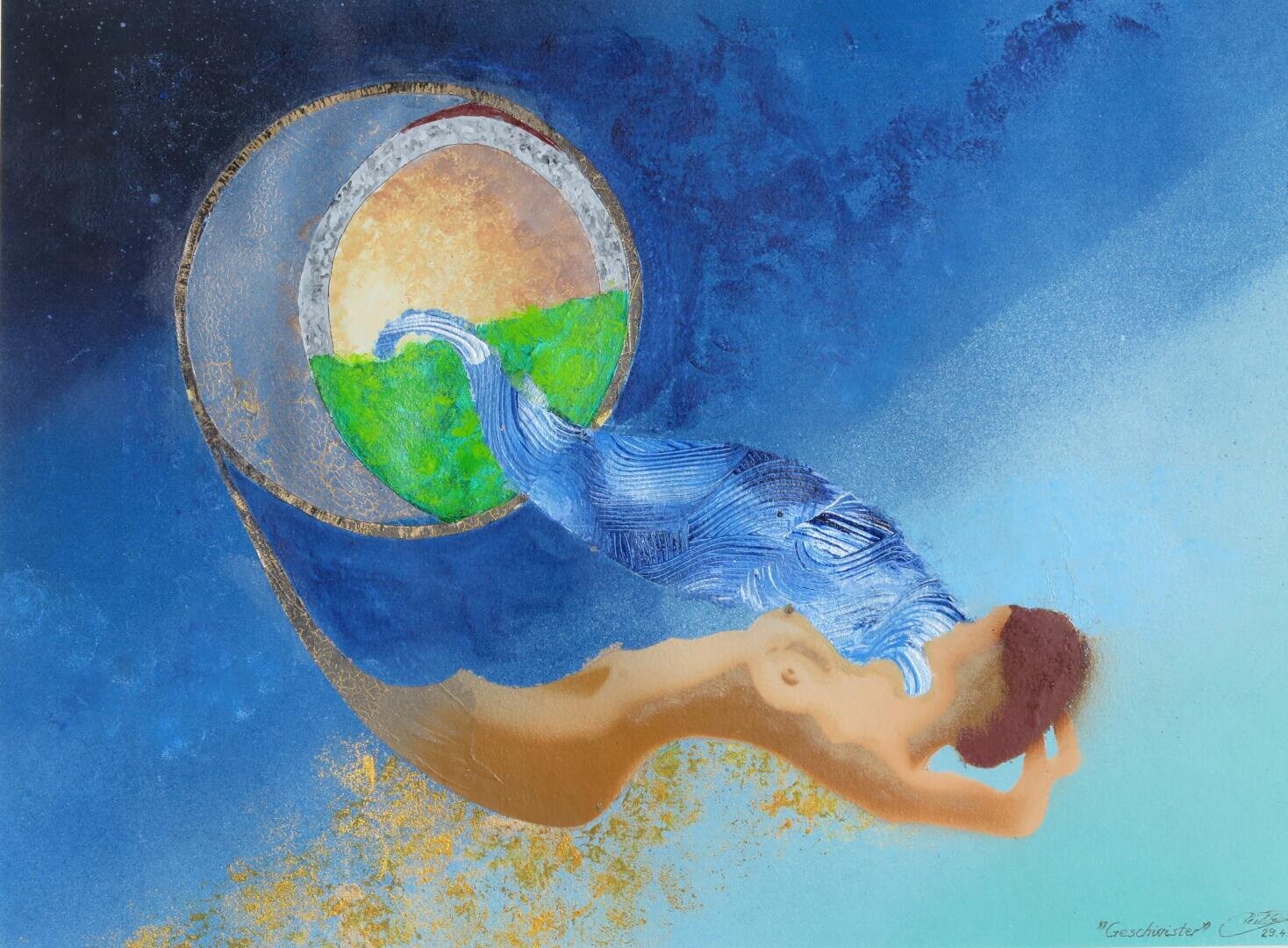 Mond, Quelle und Frau - Archetypen, die zusammen gehören verbunden und gemalen vor einem blauen, kosmischen Hintergrund.
