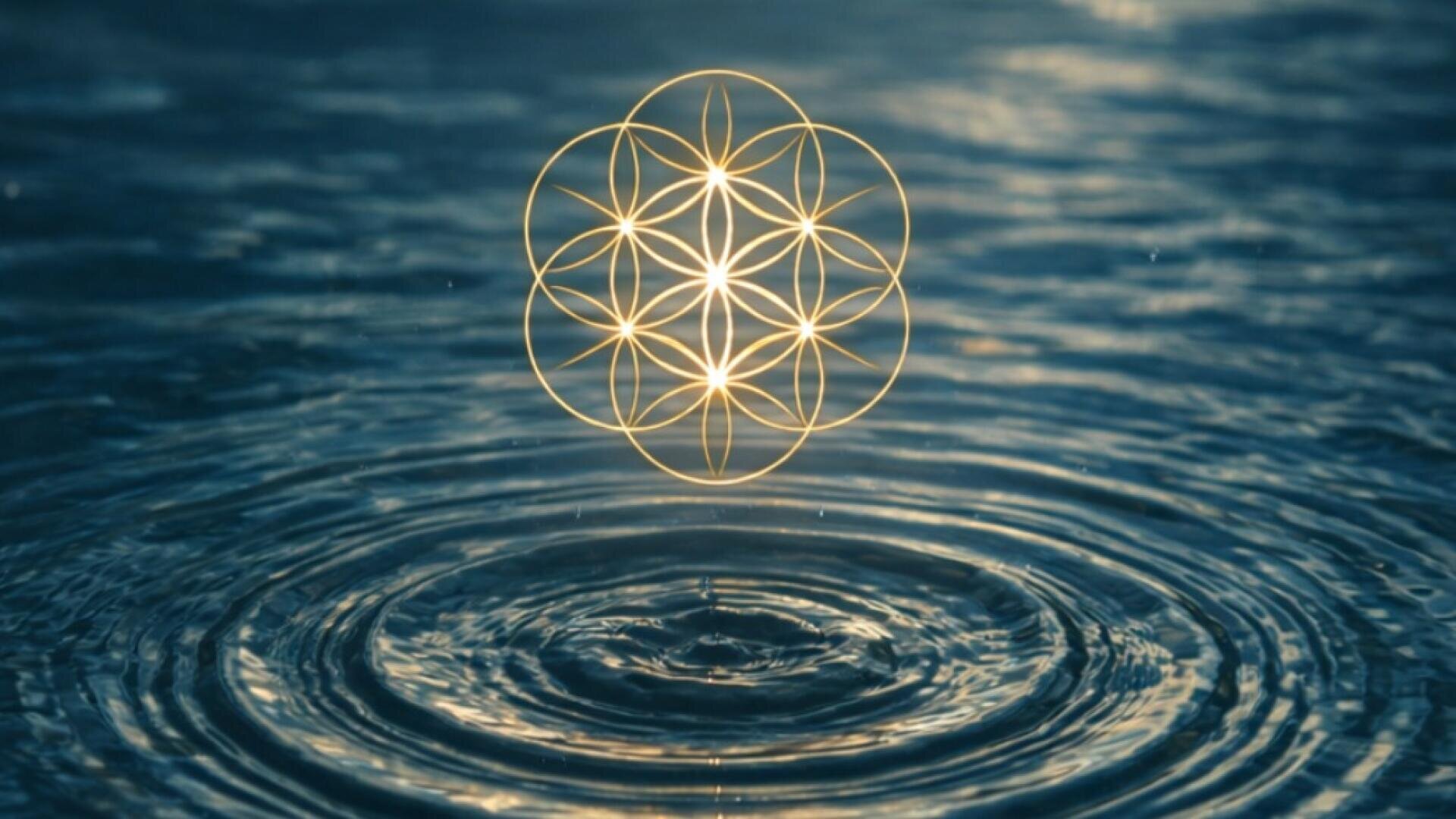 Ein goldenes geometrisches Muster schwebt über ruhigem blauem Wasser und erzeugt darunter Wellen in konzentrischen Kreisen.