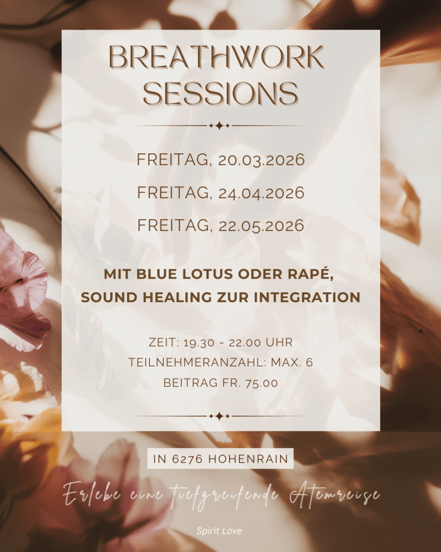 Ein Werbeplakat für Atemtherapiesitzungen nennt Termine im Jahr 2026, Sitzungsdetails wie Blauer Lotus oder Rapé, Klangheilung, die Uhrzeit, maximal 6 Teilnehmer und eine Gebühr. Der Hintergrund zeigt sanfte florale und sonnenbeschienene Elemente.