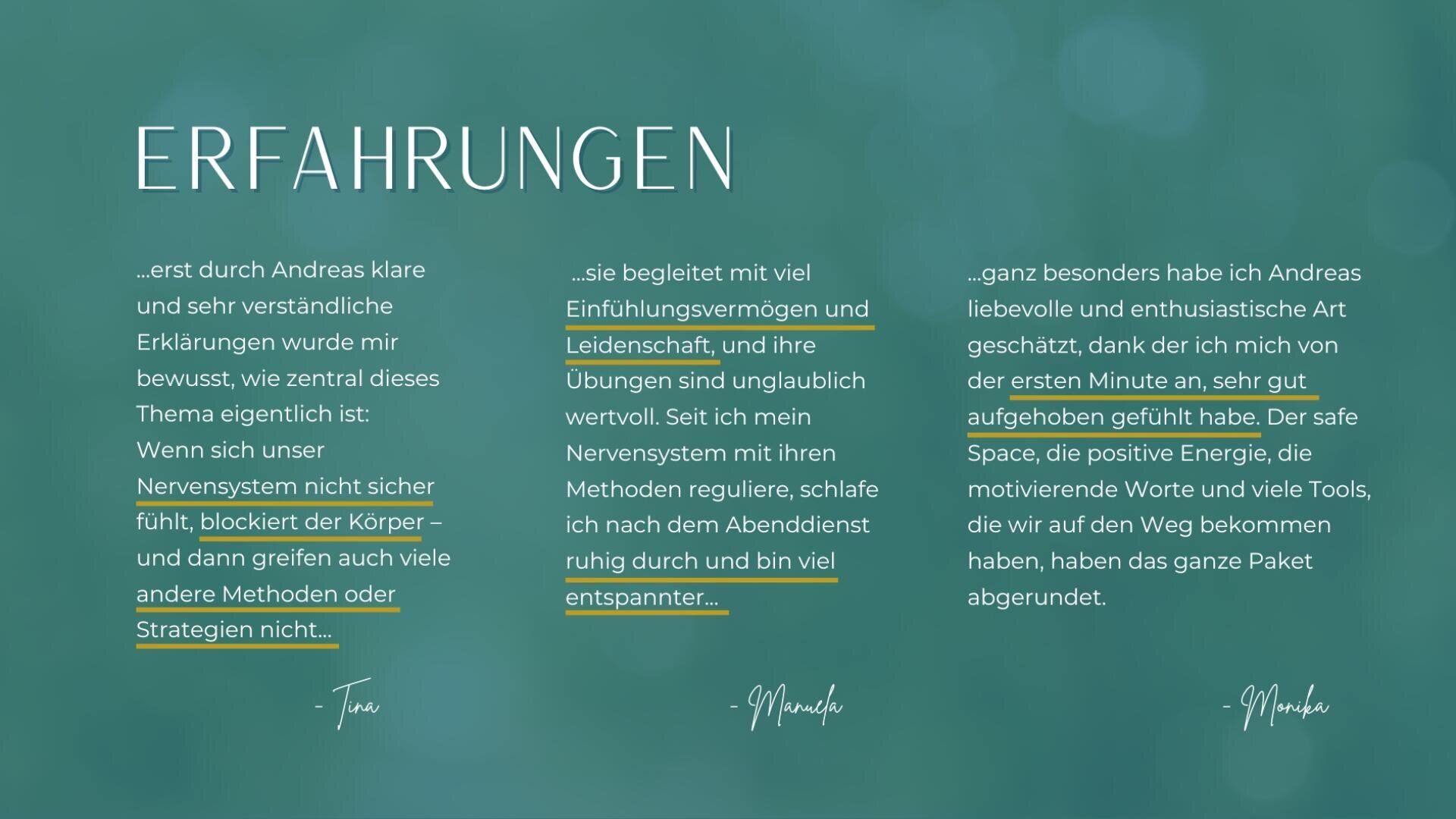Auf einem blaugrünen Hintergrund sind drei deutsche Erfahrungsberichte mit jeweils hervorgehobenen Phrasen zu sehen. Das Wort ERFAHRUNGEN steht oben, und jedes Zitat wird einer anderen Person zugeschrieben.