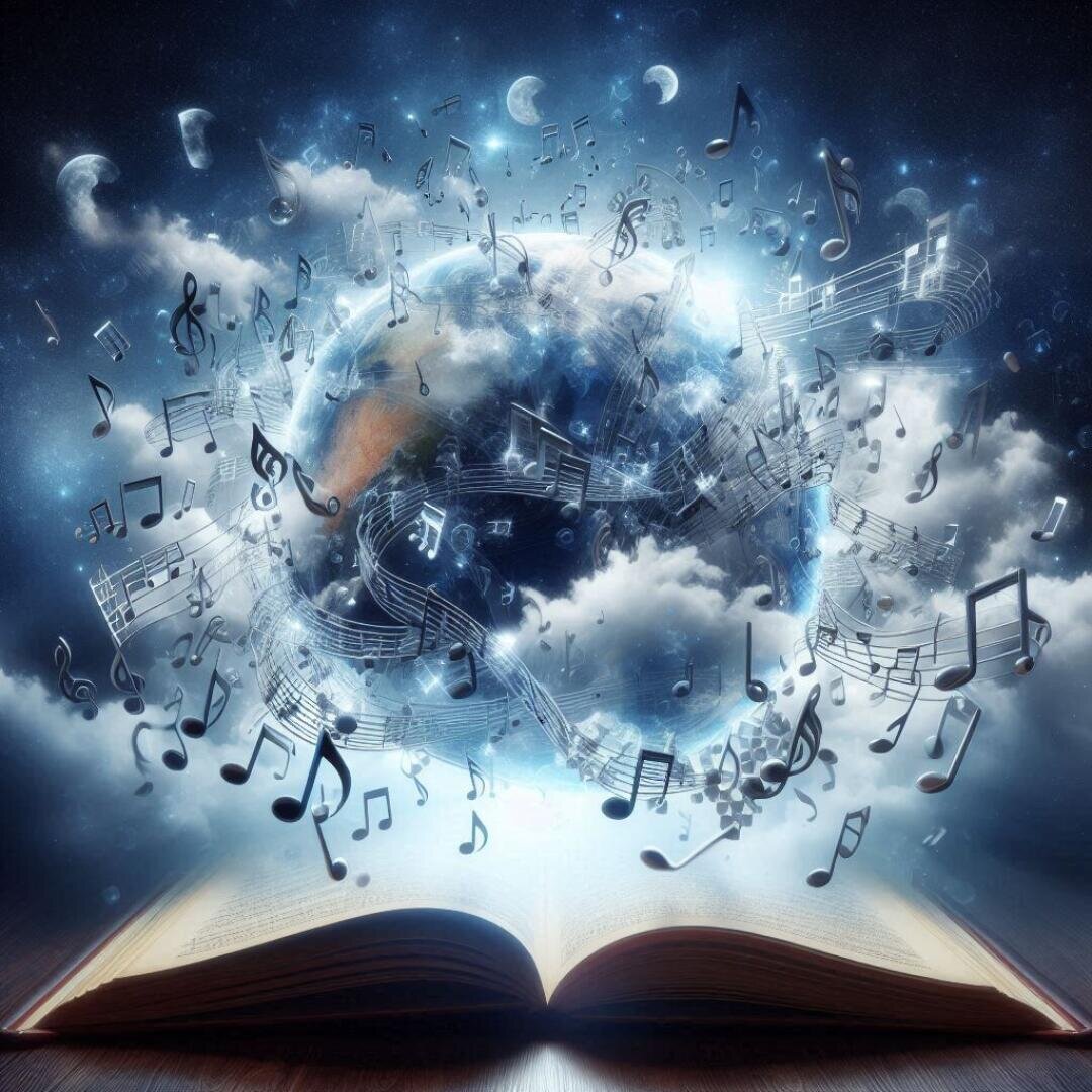 Ein aufgeschlagenes Buch strahlt leuchtendes Licht aus, und wirbelnde Noten und Blätter erheben sich, um einen wolkenverhangenen Planeten Erde vor einem sternenklaren Nachthimmel und Mondsicheln einzuhüllen.