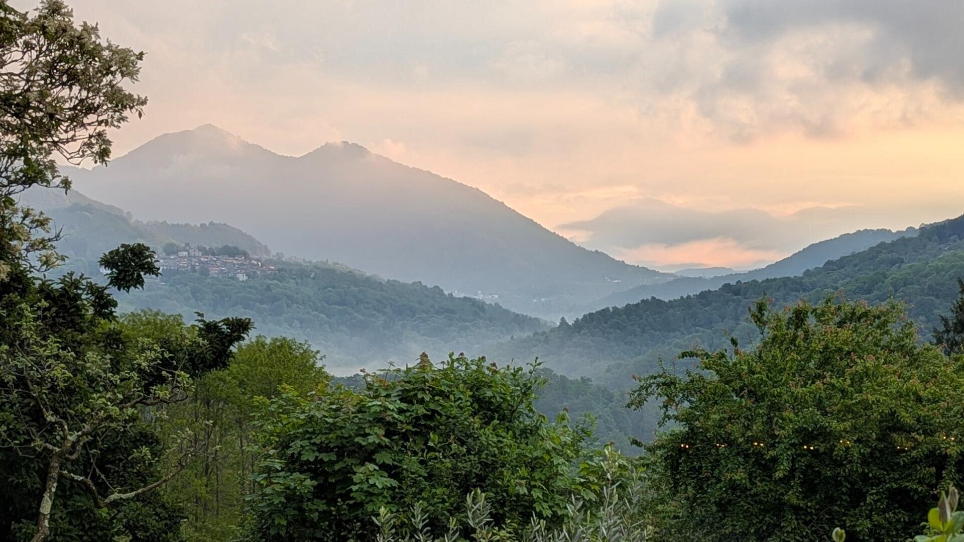 Nebelverhangene Berge bei Sonnenaufgang mit grünen Bäumen und Sträuchern im Vordergrund, unter einem teilweise bewölkten Himmel mit sanften orangefarbenen und rosa Tönen.