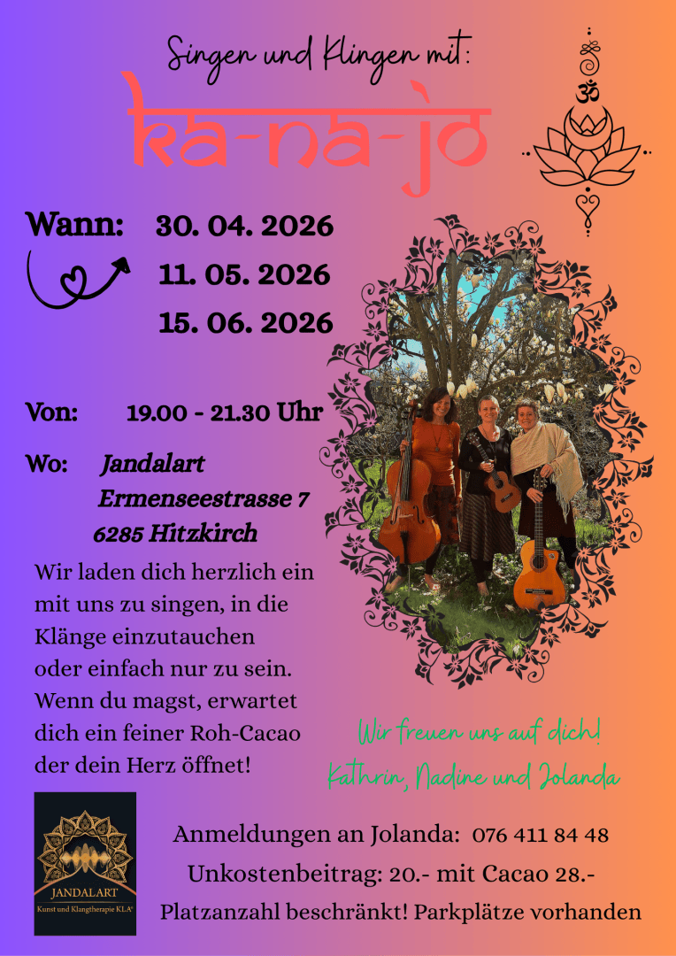 Ein buntes Flugblatt mit Blumenbordüren wirbt für "ka-na-jo"-Singabende am 30. April, 11. Mai und 15. Juni 2026, jeweils von 19 bis 21.30 Uhr in Hitzkirch. Drei Frauen mit einer Gitarre stehen lächelnd im Freien zusammen.