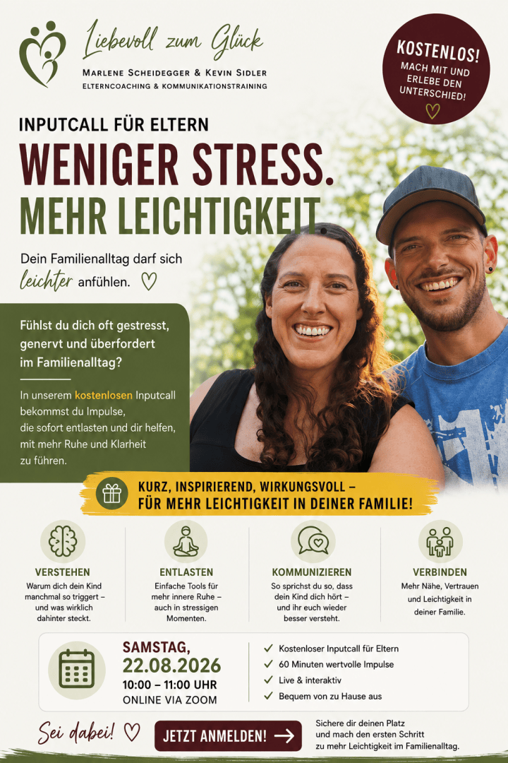 Ein lächelndes Paar im Freien, das für eine kostenlose Informationsveranstaltung zum Thema Elterncoaching wirbt, bei der es darum geht, Stress abzubauen und mehr Gelassenheit im Familienalltag zu schaffen. Enthält Veranstaltungsdetails, Informationen zur Anmeldung sowie farbenfrohe Symbole zu den Themen Kommunikation und Achtsamkeit.