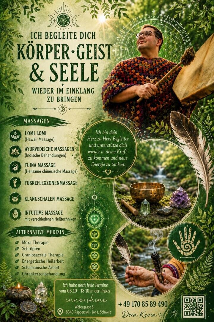 Ein Werbeplakat für ganzheitliche Wellness-Angebote zeigt einen Mann, der ein Instrument spielt und von Natur umgeben ist; dazu gibt es einen Text, in dem Massagen, alternative Medizin und Kontaktdaten beschrieben werden. Zu sehen sind Blattmotive und spirituelle Symbole.