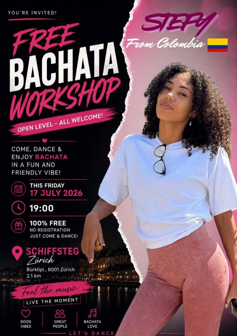 Plakat für einen kostenlosen Bachata-Workshop mit Stefy aus Kolumbien, auf dem eine lächelnde Frau in Freizeitkleidung, Angaben zum Workshop, Symbole und ein Stadtpanorama bei Sonnenuntergang zu sehen sind.