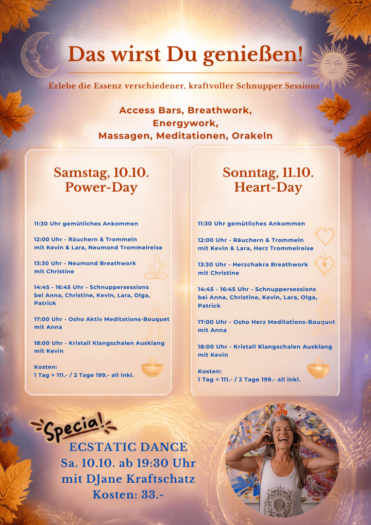 Farbenfroher Veranstaltungsflyer auf Deutsch mit Sonnen- und Mondmotiv, in dem Wellness-Aktivitäten für den 10. und 11. Oktober aufgeführt sind, wie Atemübungen, Massagen und Meditationen, mit Zeitplänen, Preisen und Fotos einer lächelnden Frau, die unten auf dem Flyer tanzt.