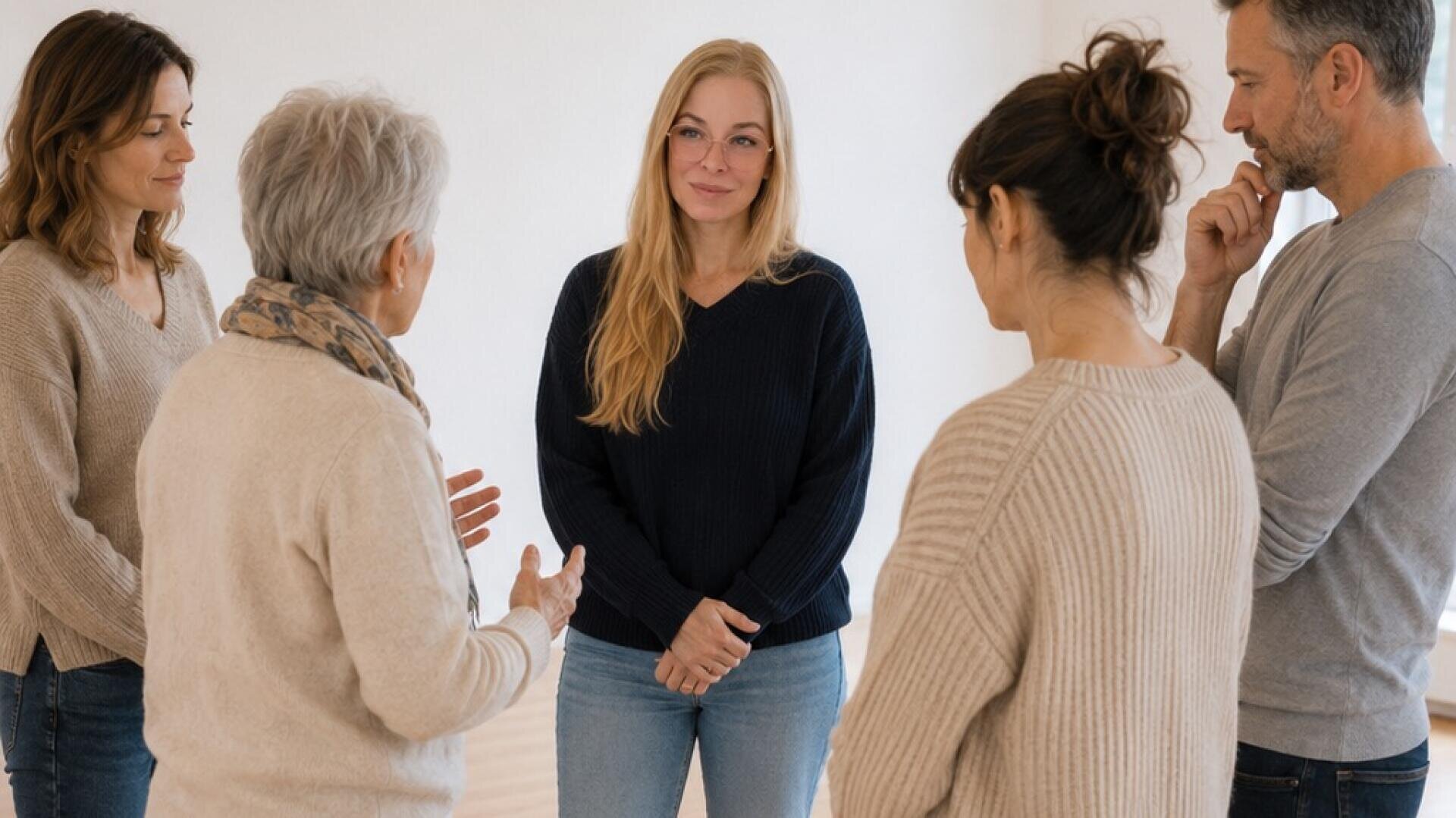 Fünf Personen stehen im Kreis und unterhalten sich. Vier hören zu, während eine ältere Frau beim Sprechen gestikuliert. Alle wirken interessiert und tragen legere, farblose Kleidung.
