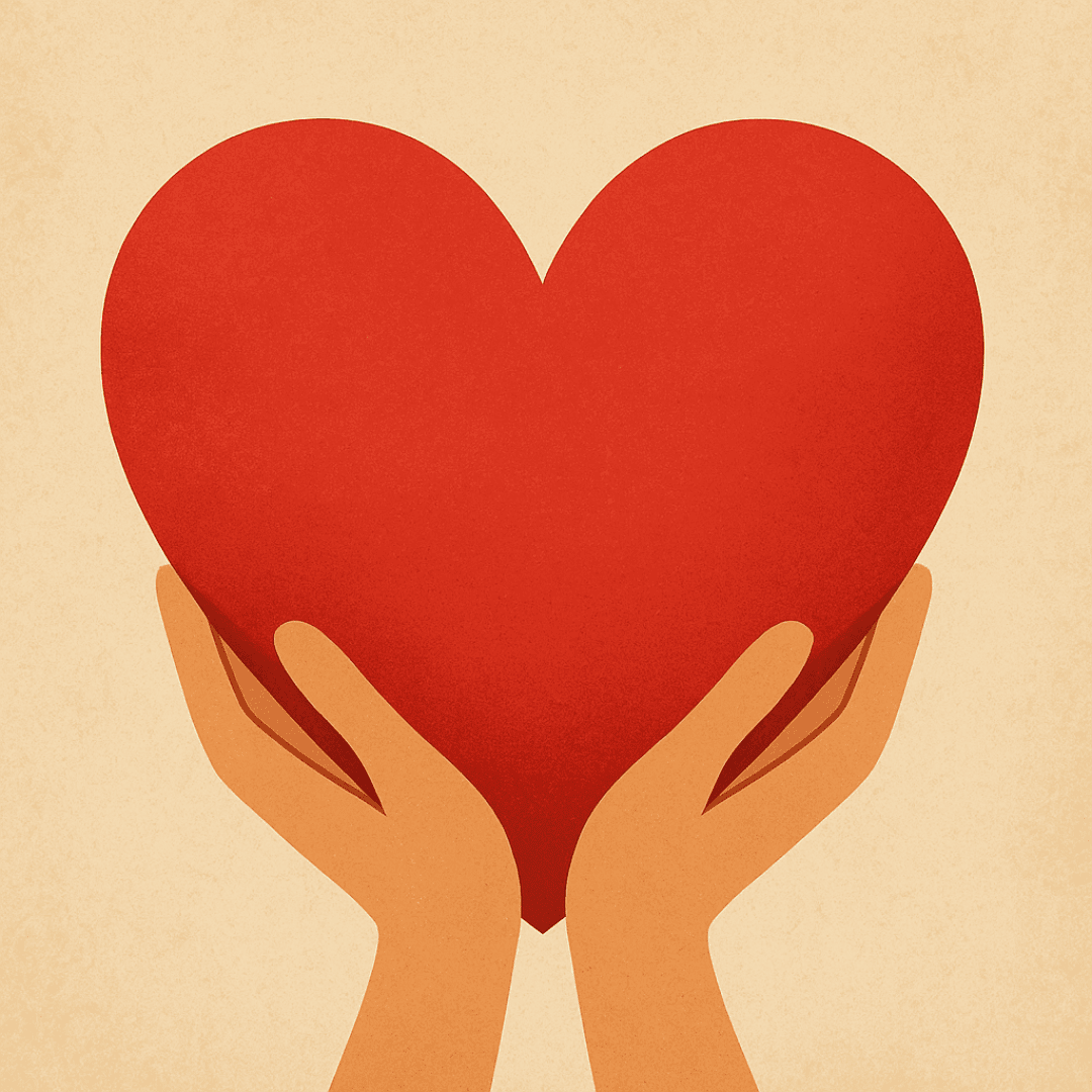 Zwei Hände halten sanft ein großes rotes Herz, das Liebe, Fürsorge und Mitgefühl symbolisiert, vor einem hellbeigen Hintergrund.