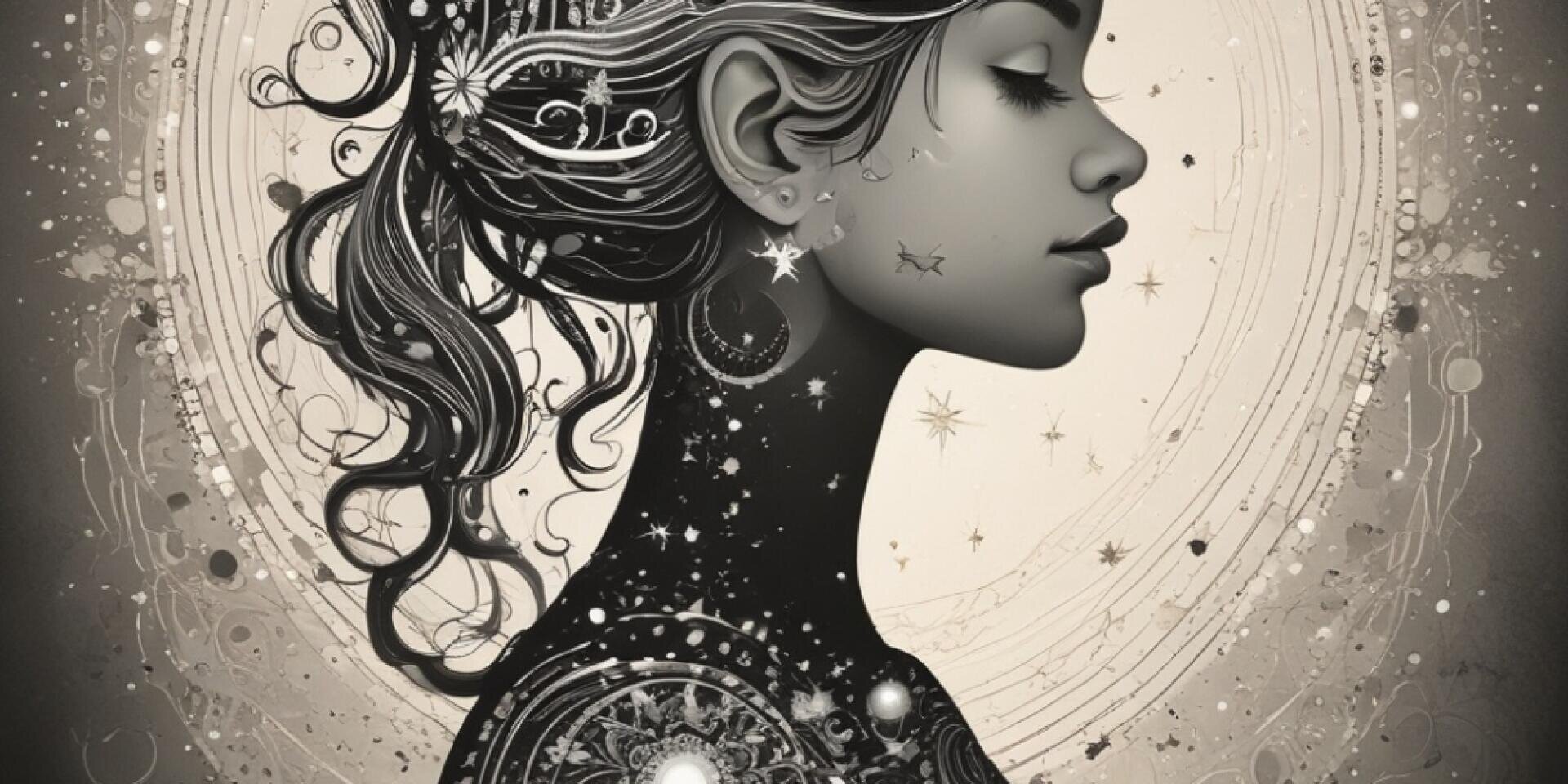 Eine stilisierte Illustration einer Frau im Profil mit wallendem Haar, geschmückt mit komplizierten himmlischen Mustern, Sternen und wirbelnden Designs vor einem kreisförmigen, kosmischen Hintergrund.