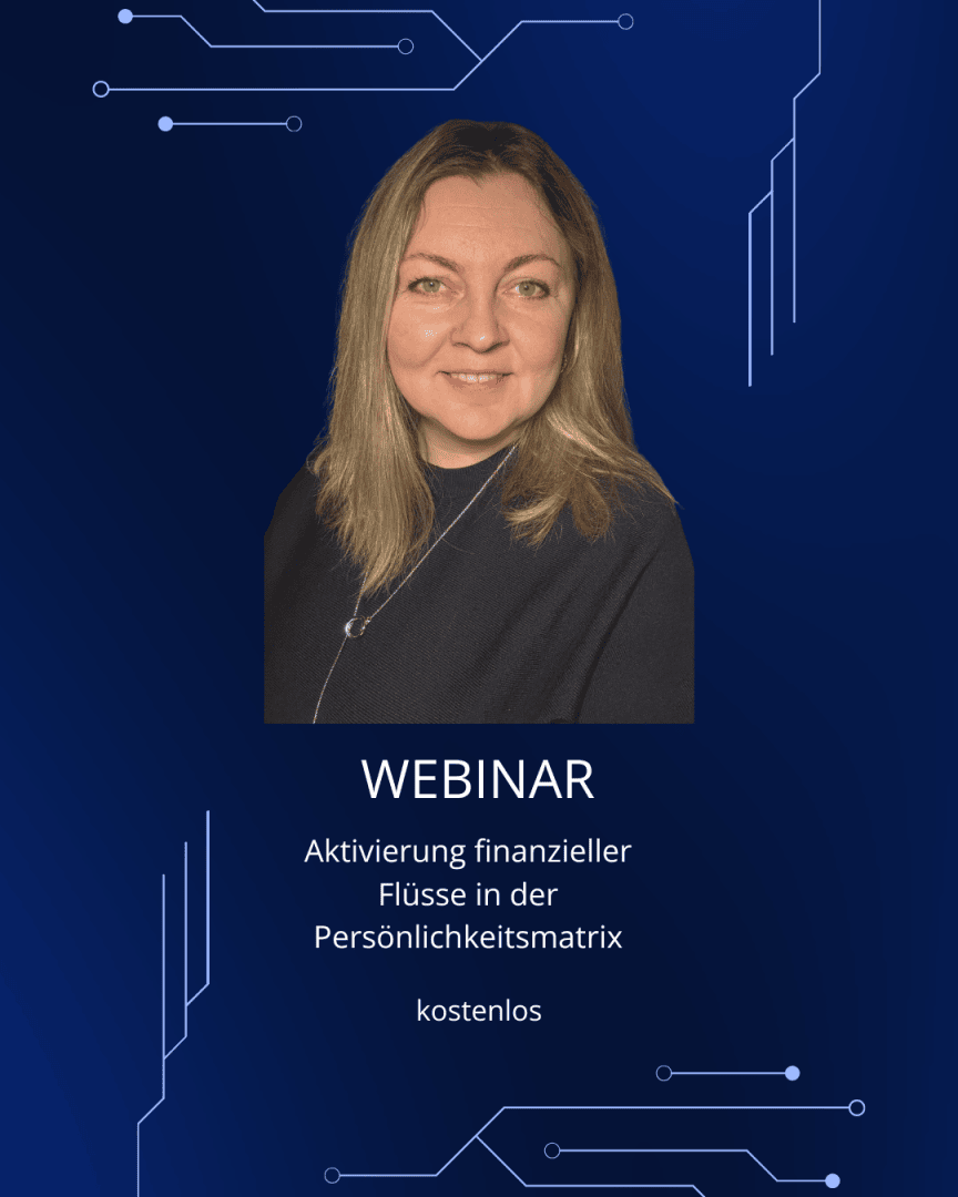 Porträt einer lächelnden Frau mit hellem Haar auf einem dunkelblauen Hintergrund mit technischem Thema. Der Text lautet: WEBINAR Aktivierung finanzieller Flüsse in der Persönlichkeitsmatrix kostenlos.