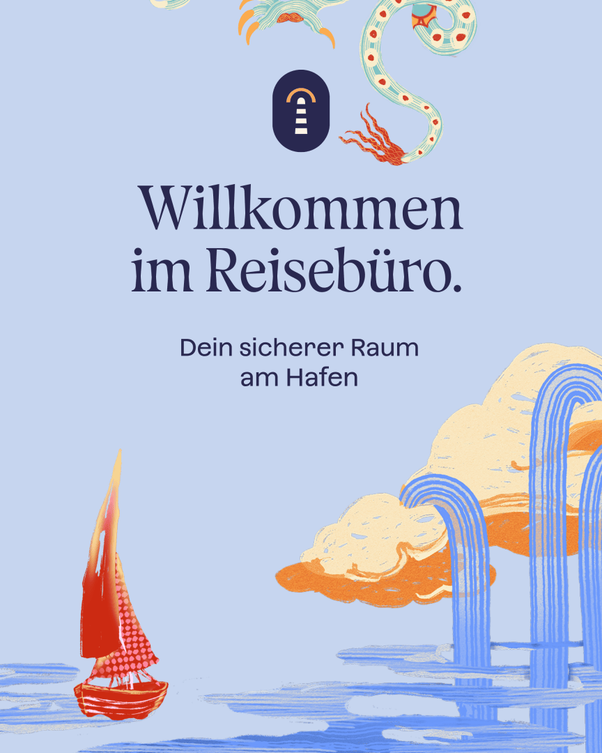 Illustration mit deutschem Text: „Willkommen im Reisebüro. Dein sicherer Ort am Hafen.“ Zu sehen sind ein rotes Segelboot, stilisierte Wolken, Wasserfälle und dekorative Elemente auf blauem Hintergrund.