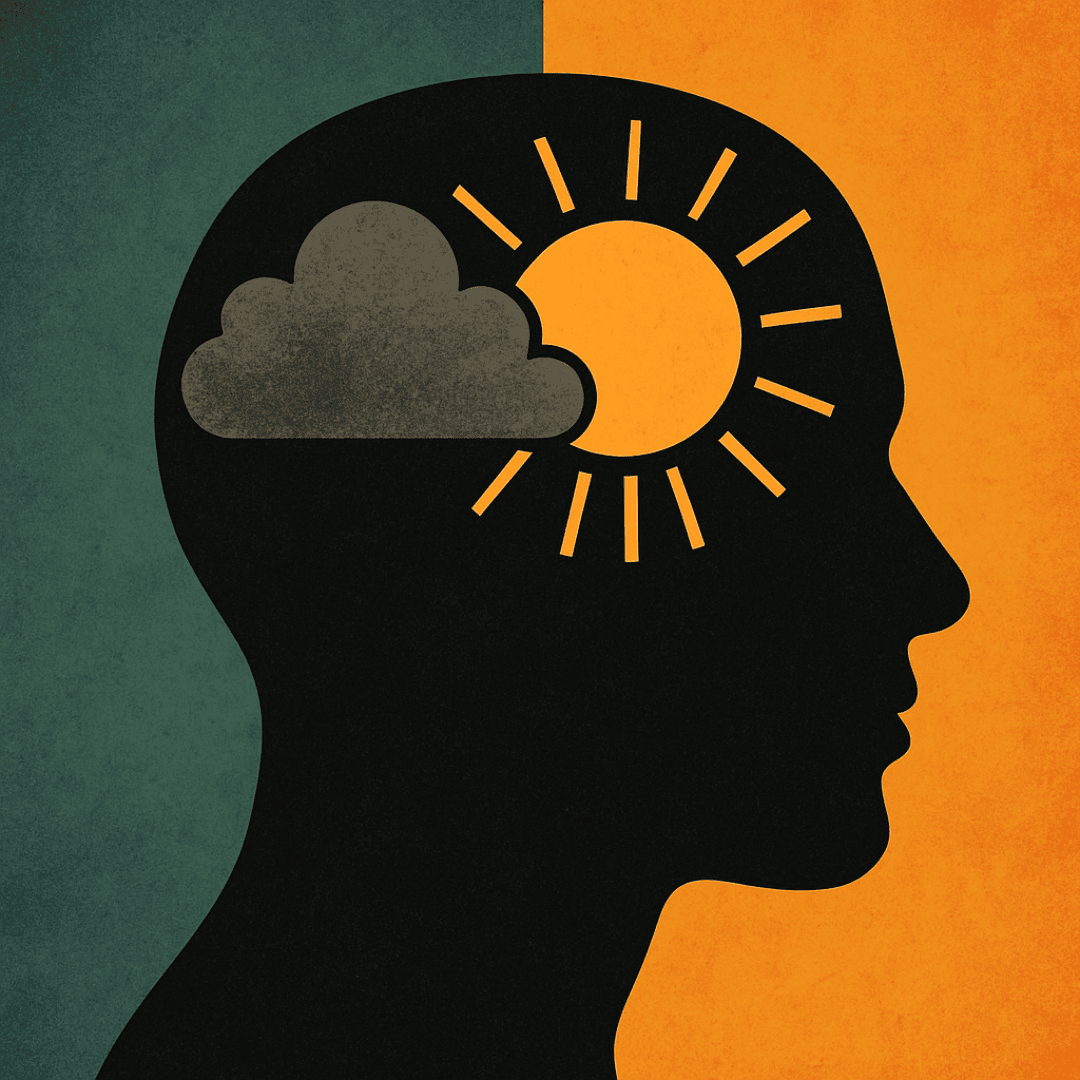 Eine Silhouette eines menschlichen Kopfes mit einer Wolke und einer Sonne im Inneren, die gegensätzliche Geisteszustände oder Emotionen symbolisieren; der Hintergrund ist zwischen Grün und Orange aufgeteilt.