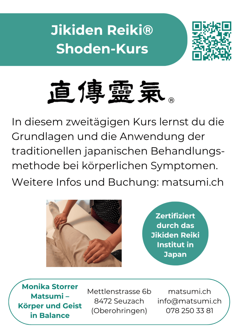 Flyer für einen Jikiden Reiki®-Shoden-Kurs auf Deutsch mit Informationen zu den Grundlagen, dem Kursleiter, den Terminen, der Website und einem Zertifikatsabzeichen sowie einem Foto von Händen während einer Reiki-Behandlung.
