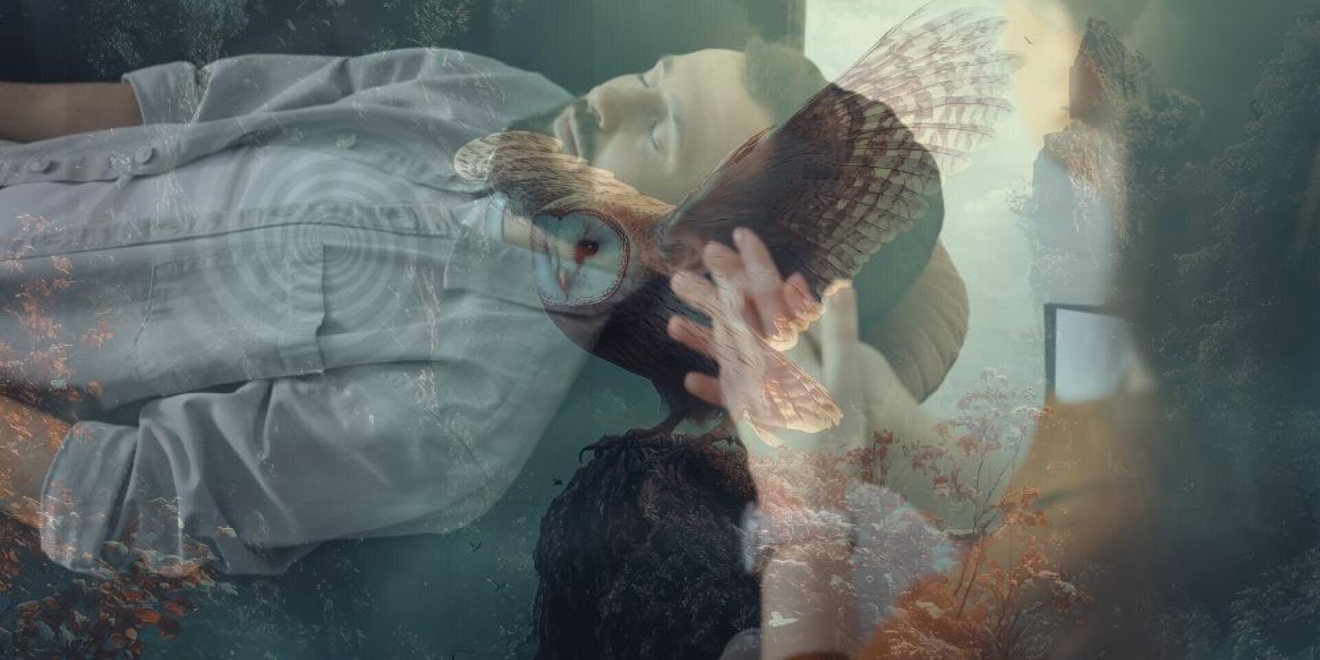 Ein surreales Bild eines Mannes, der sich mit geschlossenen Augen hinlegt, überlagert mit dem transparenten Bild einer fliegenden Eule und einer natürlichen Landschaft, die Elemente des Schlafs, der Natur und der Fantasie miteinander vermischt.