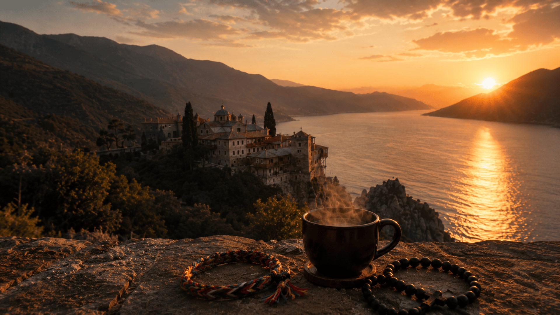 Eine dampfende Tasse steht auf einem Steinsims mit Gebetsperlen und einem geflochtenen Armband, mit Blick auf ein Kloster an einem ruhigen Meer und Bergen bei Sonnenaufgang. Das warme Sonnenlicht spiegelt sich auf dem Wasser und die Wolken füllen den leuchtenden Himmel.