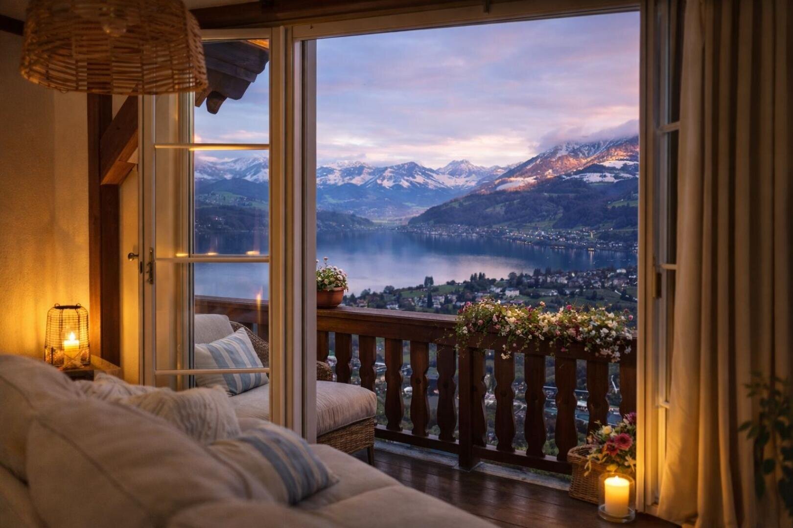 Ein gemütliches Wohnzimmer mit einem Sofa und brennenden Kerzen öffnet sich zu einem Balkon mit Blick auf einen ruhigen See, ein Dorf und schneebedeckte Berge in der Abenddämmerung unter einem bunten Himmel.