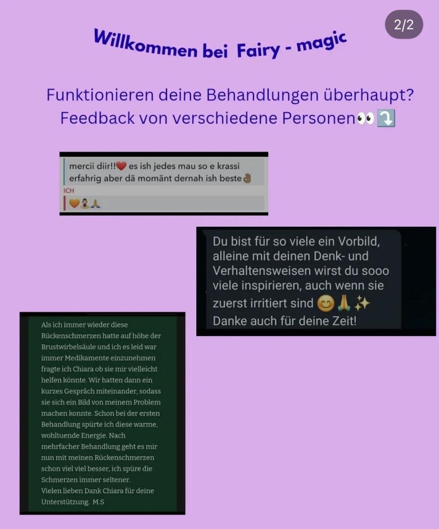 Auf violettem Hintergrund ist der Titel „Willkommen bei Fairy – Magie“ in deutscher Sprache zu sehen, begleitet von Rückmeldungen zur Wirksamkeit der Behandlung. Außerdem werden mehrere Chat-Nachrichten und Erfahrungsberichte in Textfeldern angezeigt.