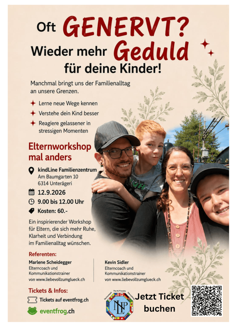 Eine vierköpfige Familie lächelt im Freien. Die Eltern, die Brillen und Hüte tragen, stehen hinter ihren beiden Kindern. Das Bild wirbt für einen Elternworkshop auf Deutsch; darauf sind Details zum Workshop, Termine und ein QR-Code zu sehen.