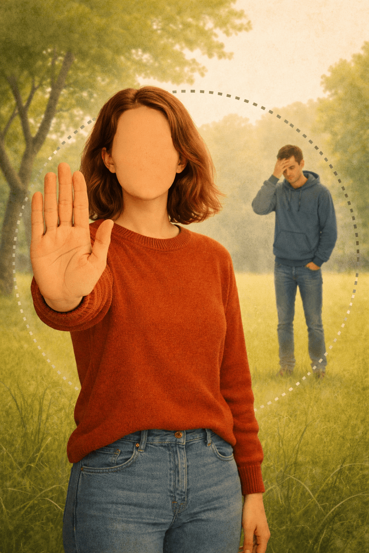 Eine gesichtslose Frau in einem roten Pullover steht mit erhobener Hand, als wolle sie Halt signalisieren, während ein gesichtsloser Mann in einem blauen Kapuzenpulli im Hintergrund auf einer Parkwiese steht und verzweifelt wirkt.