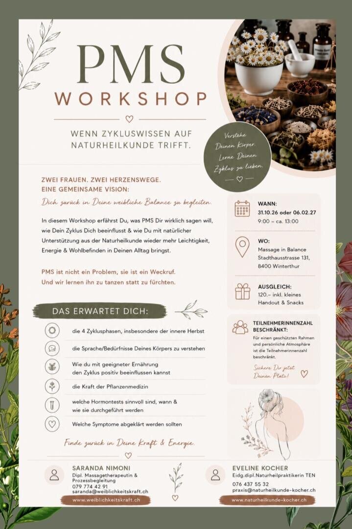 Flyer für einen PMS-Workshop mit Blumenbordüren, Fotos von Kräutertee und Gläsern sowie Veranstaltungsdetails. Enthält einen Zeitplan, Informationen zu den Vorteilen, Angaben zum Veranstalter sowie beruhigende Pastellfarben mit botanischen Akzenten.