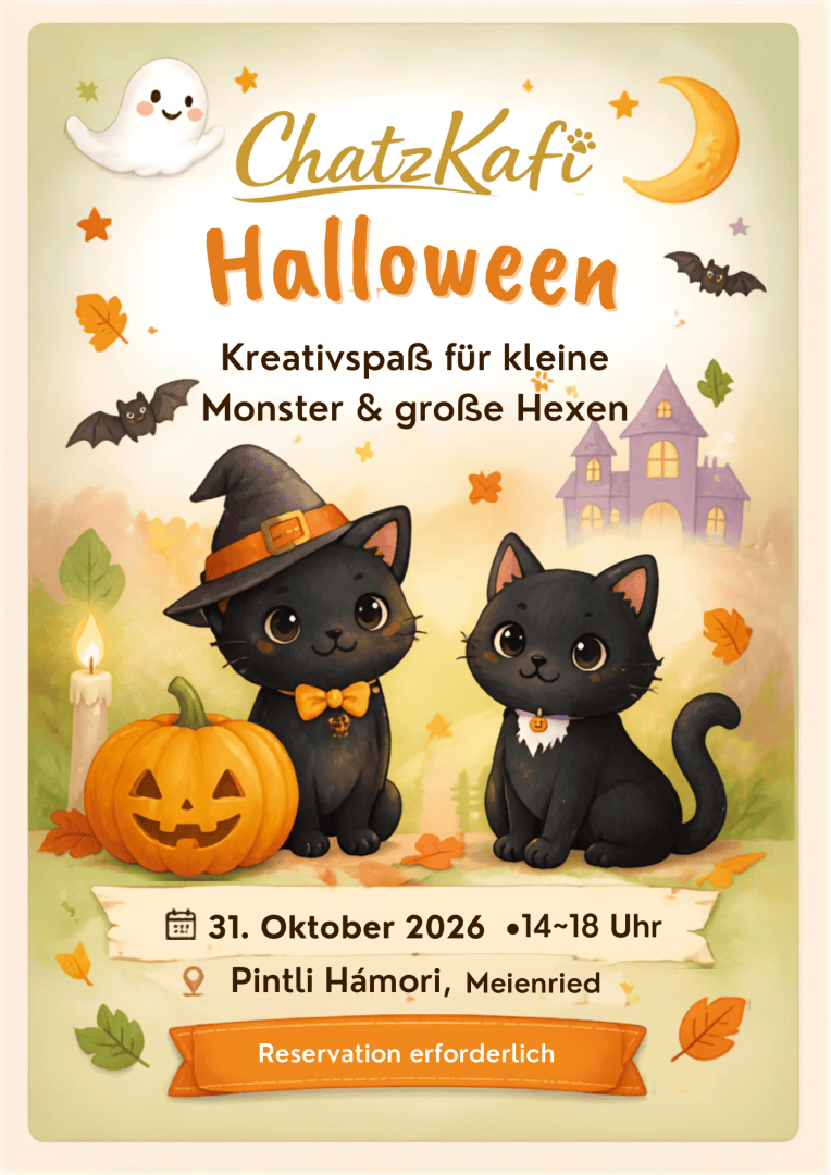 Flyer zur ChatzKaf-Halloween-Veranstaltung am 31. Oktober 2026 von 14 bis 18 Uhr im Pintli Hámori in Meienried mit zwei schwarzen Katzen und einem Kürbis; eine Anmeldung ist erforderlich.