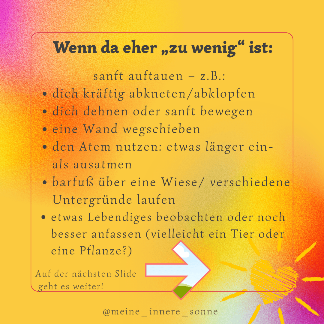 Ein gelber und oranger Farbverlaufskasten mit deutschem Text, der Tipps zur Erdung gibt, wie sich zu bewegen, zu atmen und die Natur zu beobachten, erscheint über einer Sonnenillustration und einem nach rechts zeigenden Pfeil. Handle: @meine_innere_sonne.