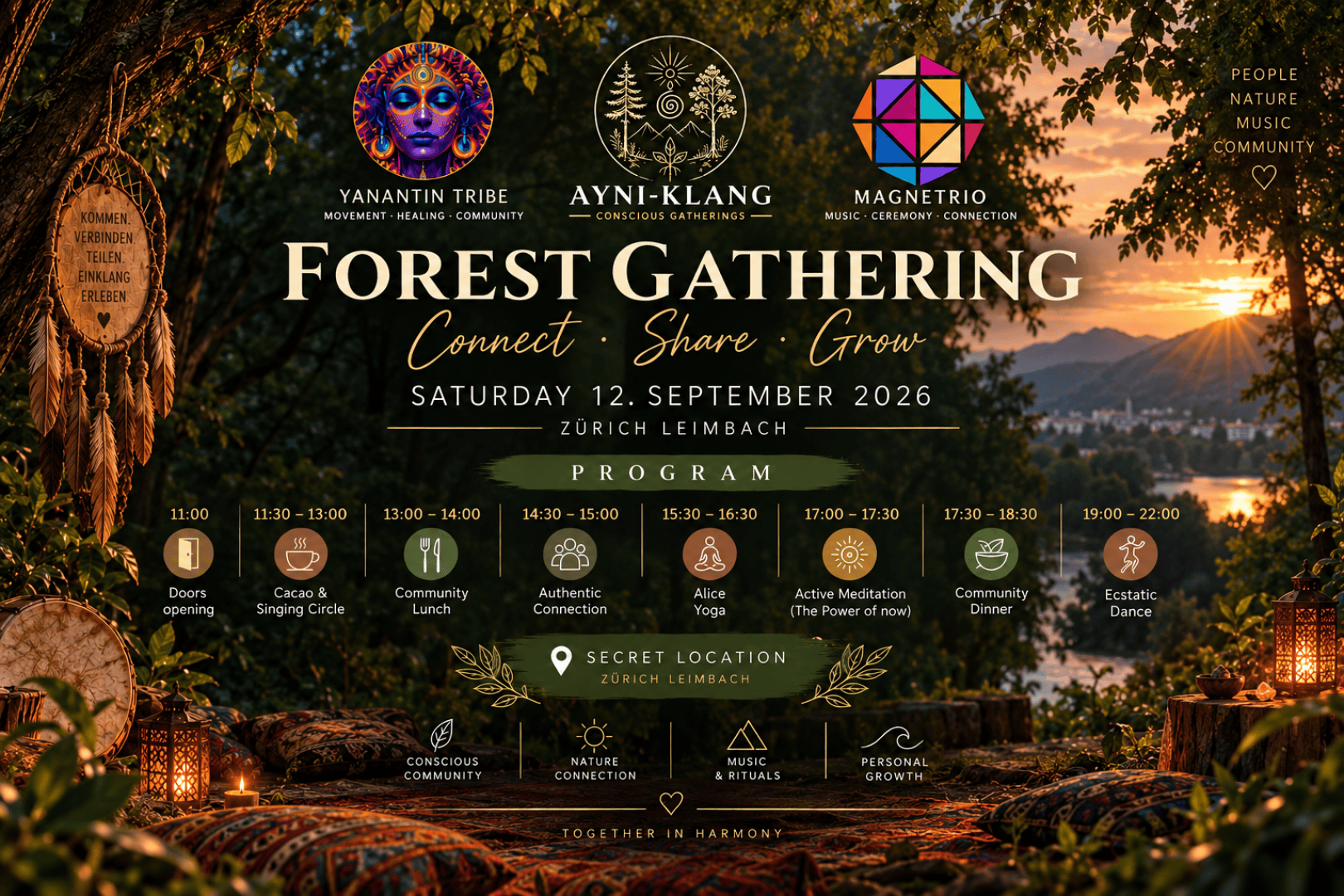Plakat für das „Forest Gathering“ am 12. September 2026 in Zürich. Enthält Veranstaltungslogos, ein Programm mit verschiedenen Workshops, ein Lagerfeuer am Abend sowie ein malerisches Waldmotiv mit einer Stadt und Bergen im Hintergrund.