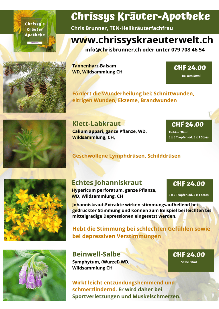 Ein Werbeflyer für Chrissys Kräuter-Apotheke enthält Beschreibungen und Anwendungshinweise zu vier Kräuterprodukten: Tannenharz-Balsam, Klett-Labkraut, Echtes Johanniskraut und Beinwell-Salbe, sowie Preise und Kontaktdaten.