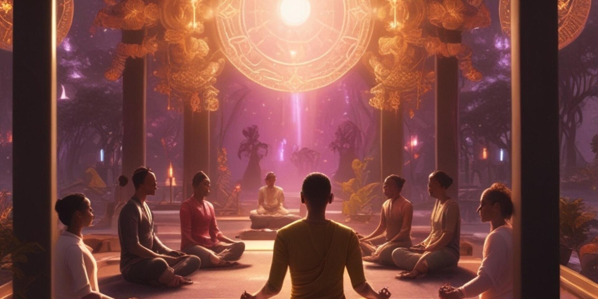 Eine bunt gemischte Gruppe von Menschen sitzt im Kreis und meditiert unter verschnörkelten goldenen Dekorationen, wobei leuchtende Lichter und eine große strahlende Kugel eine ruhige, mystische Atmosphäre schaffen. Hohe Bäume und sanftes violettes Licht füllen den Hintergrund.