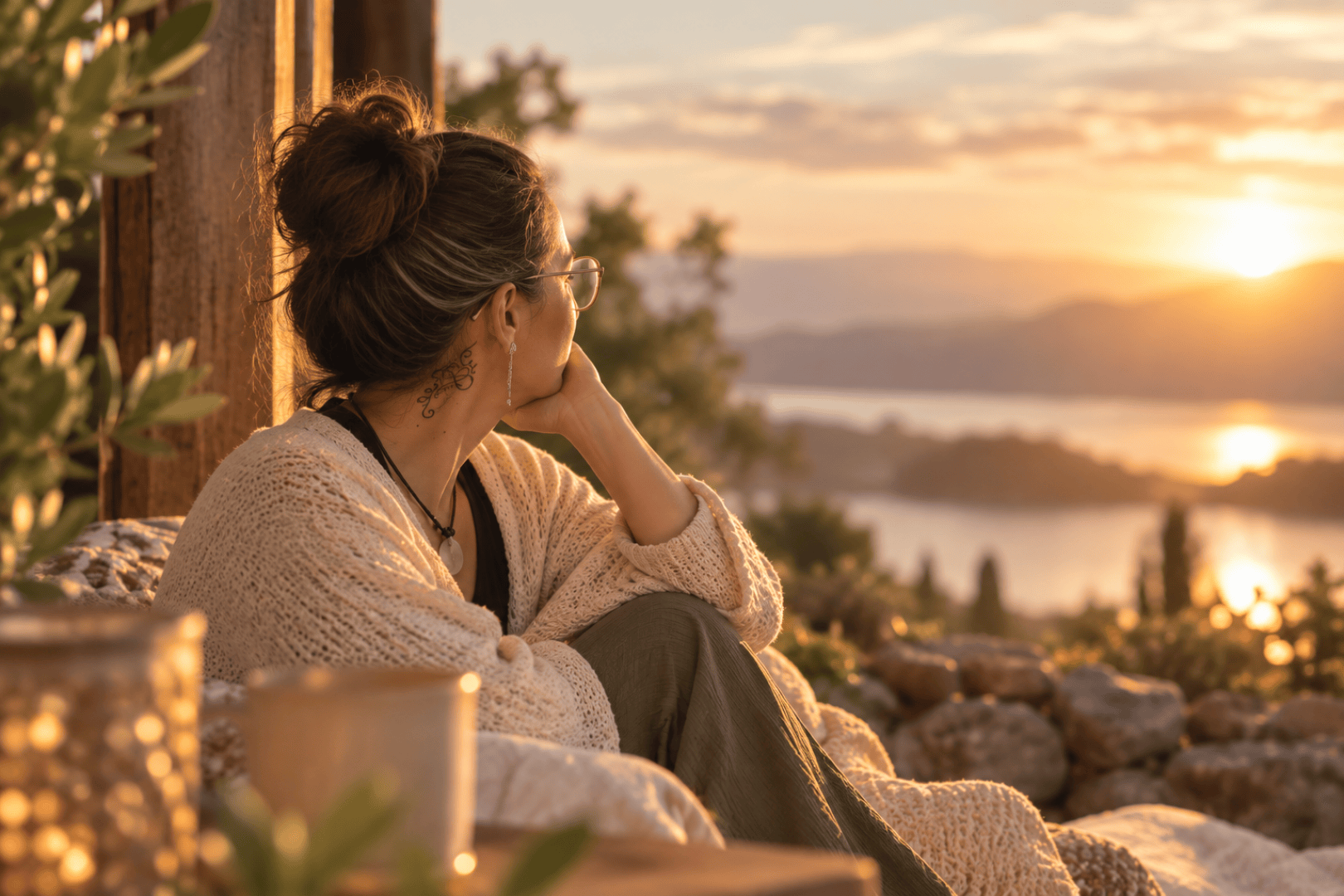 Eine Person, die eine Brille und einen Pullover trägt, stützt ihr Kinn auf die Hand, während sie den Sonnenuntergang über einem See betrachtet.