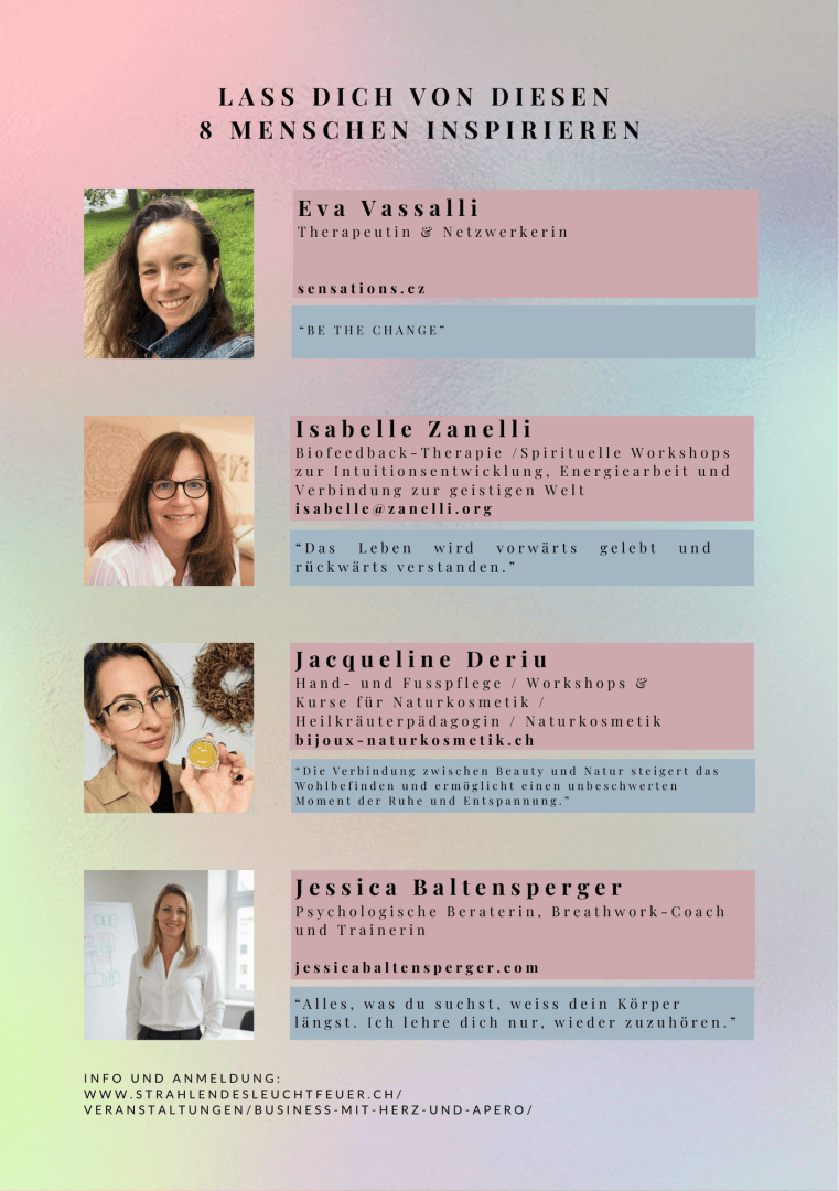 Ein farbenfroher Veranstaltungsflyer, der vier Frauen mit Fotos, Namen, Kurzbiografien und Zitaten vorstellt. Der Flyer wirbt für Workshops und Coaching und bietet eine Website für weitere Informationen und die Anmeldung zur Veranstaltung. Der Text ist auf Deutsch.