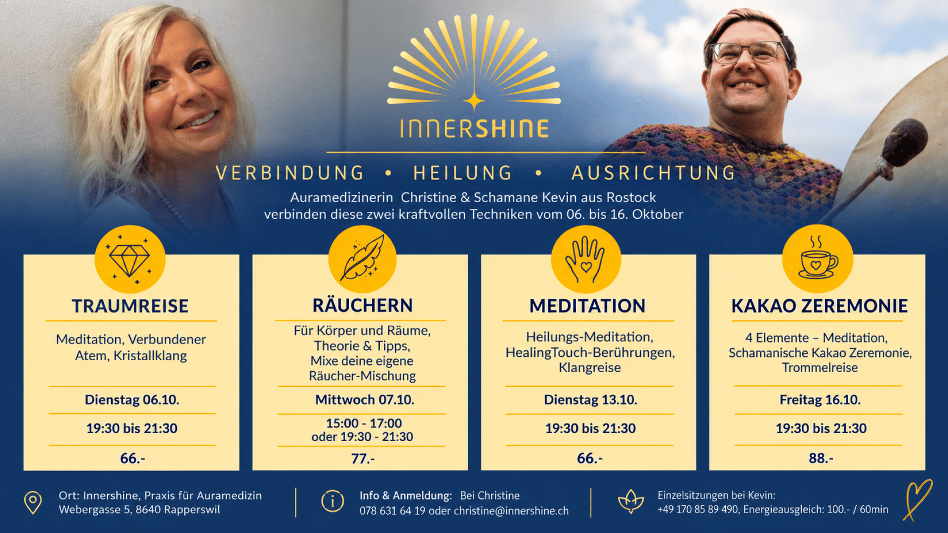 Werbeflyer für die Veranstaltungsreihe Innershine vom 6. bis 16. Oktober mit detaillierten Informationen zu vier Workshops: Traumreise, Räuchern, Meditation und Kakao-Zeremonie, einschließlich Terminen, Uhrzeiten, Preisen und Kontaktdaten.