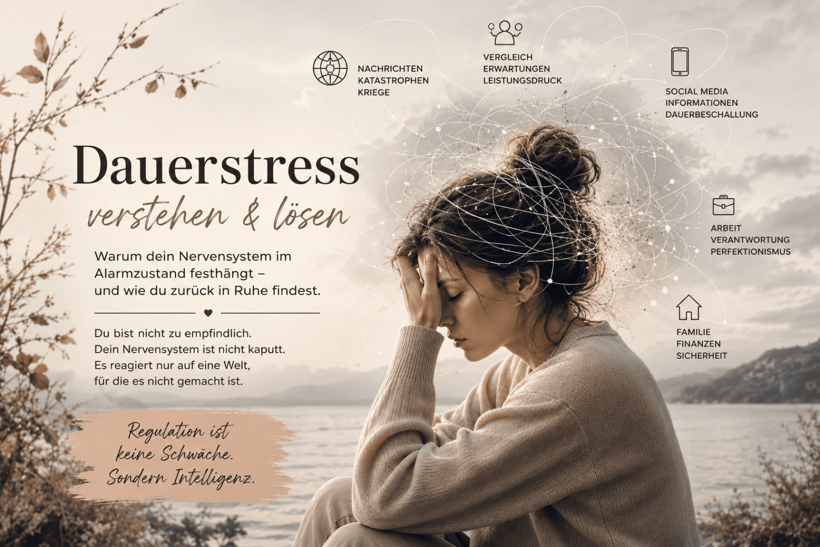 Eine junge Frau sitzt im Freien, den Kopf in die Hand gestützt, und wirkt gestresst. Um sie herum beschreiben Icons und deutscher Text Ursachen und Lösungen für chronischen Stress, wie soziale Medien, Familie und Nachrichten. Ruhiger Naturhintergrund.
