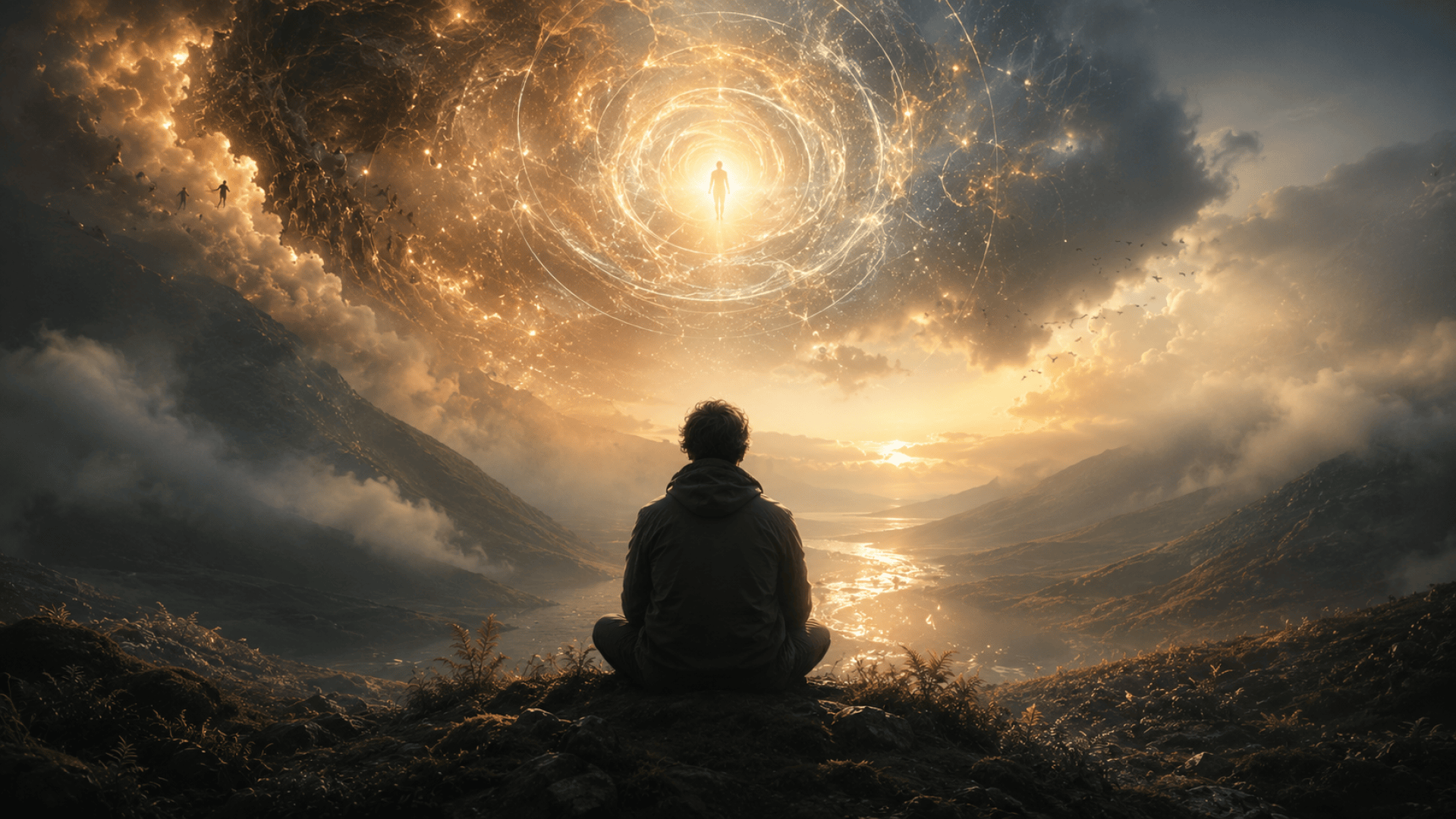 Eine Person sitzt auf einem Berg und blickt auf eine leuchtende, ätherische Gestalt, die von wirbelnden goldenen Lichtern am Himmel umgeben ist – eine mystische und überirdisch anmutende Szene inmitten dramatischer Wolken und Täler.