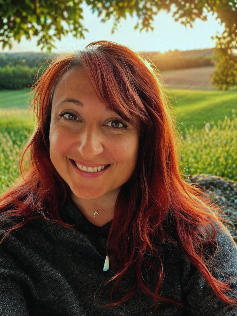 Eine Frau mit roten Haaren lächelt im Freien in die Kamera, im Hintergrund sind bei Sonnenuntergang grüne Felder und Bäume zu sehen. Sie trägt ein dunkles Oberteil und zwei Halsketten, und das Sonnenlicht lässt ihr Haar strahlen.