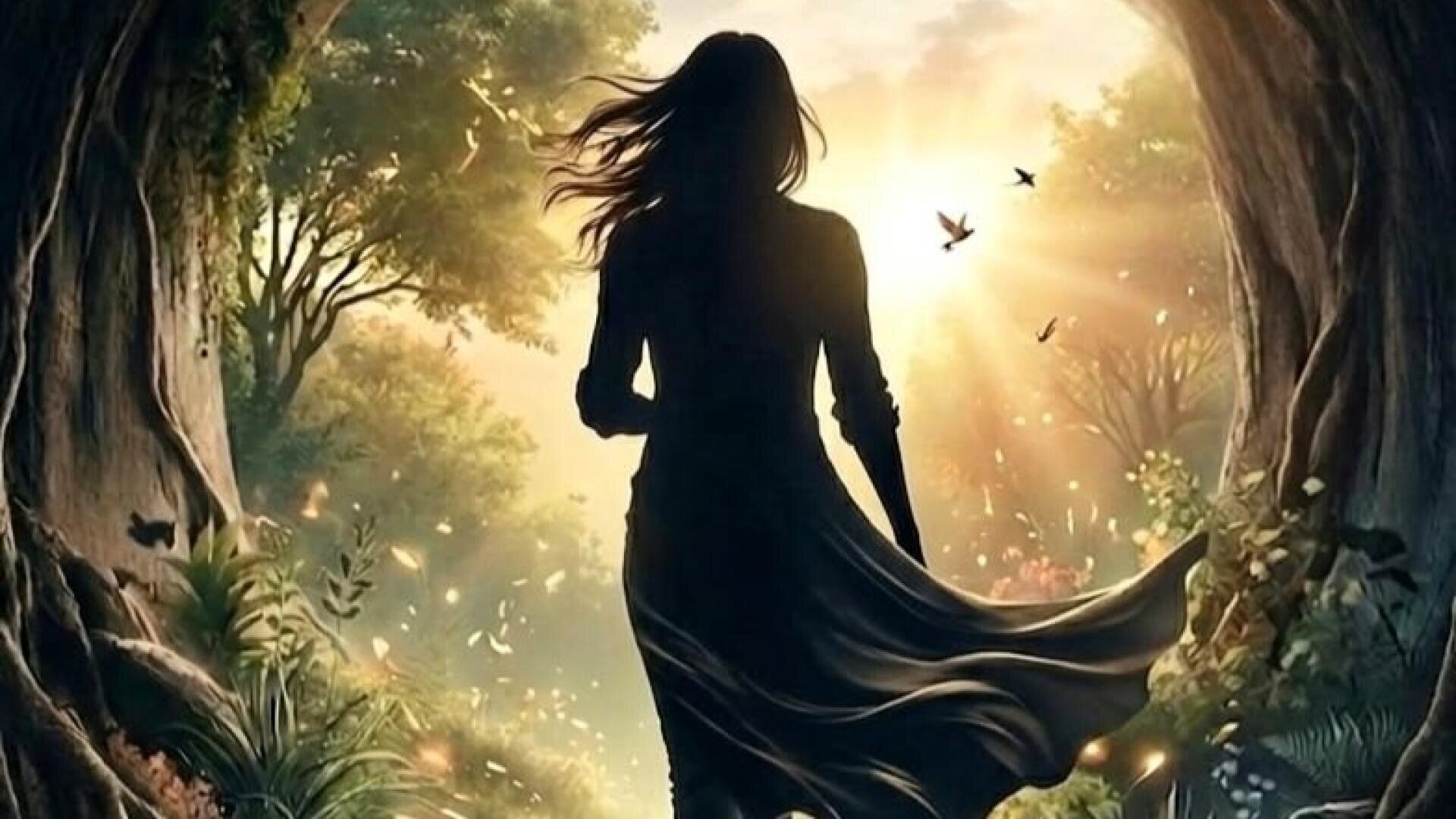 Die Silhouette einer Frau in einem Kleid steht am Eingang einer Höhle und blickt auf einen sonnendurchfluteten Wald, in dem Vögel fliegen und Lichtstrahlen durch die Bäume scheinen.