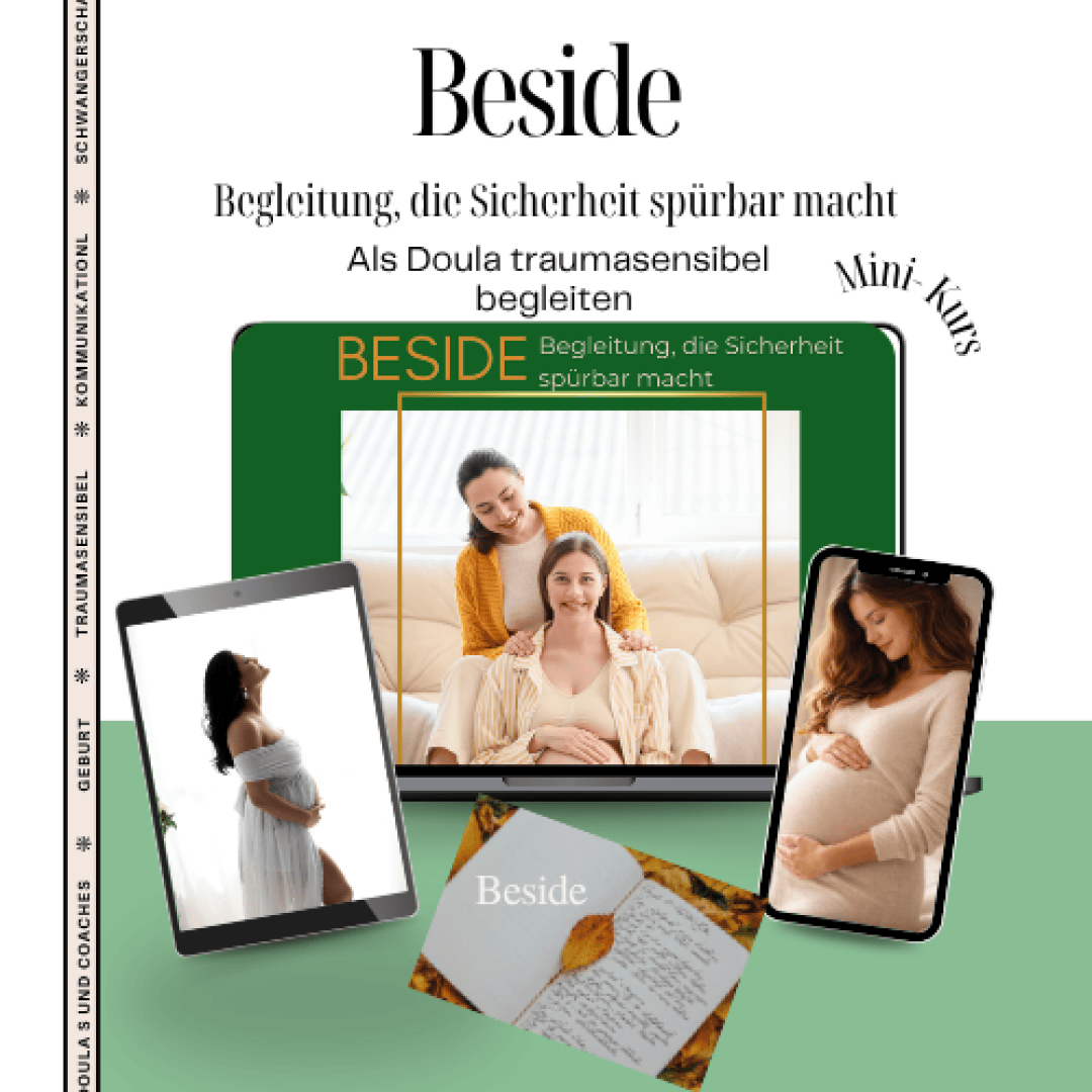 Digitale Collage mit Bildern von schwangeren Frauen, einer Mutter und einer Tochter sowie einem Tagebuch. Der deutsche Text wirbt für einen Minikurs für Doulas, der einfühlsame Unterstützung während Schwangerschaft und Geburt bietet.