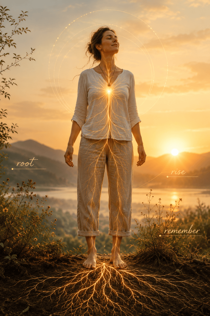 Eine Frau steht bei Sonnenaufgang barfuß auf dem Boden, und leuchtende Linien, die an Wurzeln erinnern, verbinden sie mit der Erde. Die Wörter „verwurzeln“, „aufsteigen“ und „erinnern“ erscheinen und symbolisieren Erdung und Wachstum.