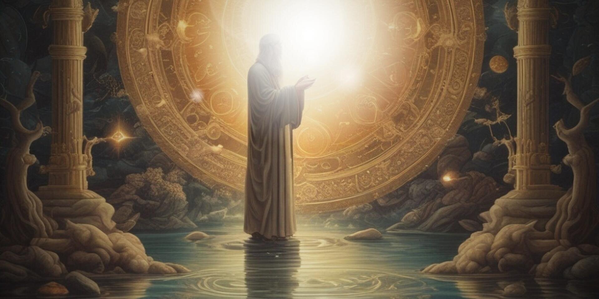 Eine in ein Gewand gehüllte Figur steht auf dem Wasser zwischen verschnörkelten Säulen und blickt auf ein leuchtendes, verschlungenes rundes Portal, das von mystischen Mustern umgeben ist, mit einem hellen Licht in der Mitte und einem surrealen Waldhintergrund.