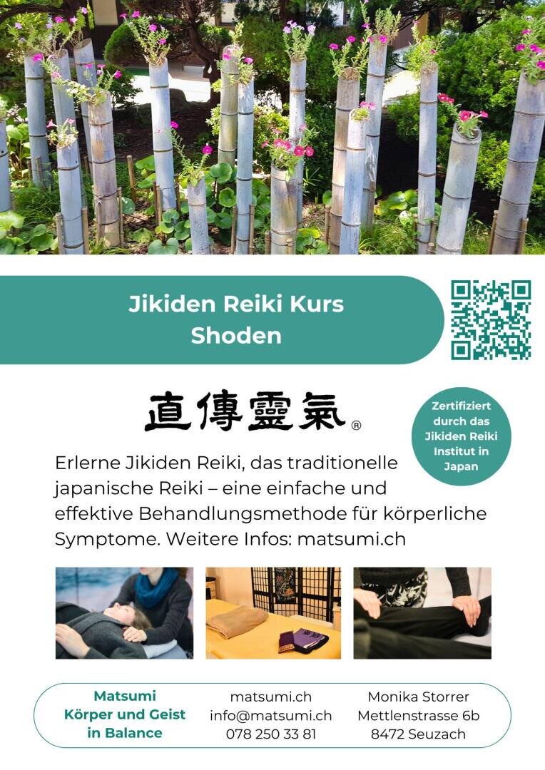 Plakat für einen Jikiden-Reiki-Shoden-Kurs auf Deutsch mit Bambusmotiven, Kursdetails, Kontaktinformationen sowie Bildern von Reiki-Übungen und Büchern. Ein grüner Kreis weist auf die Zertifizierung durch das Jikiden-Reiki-Institut in Japan hin.