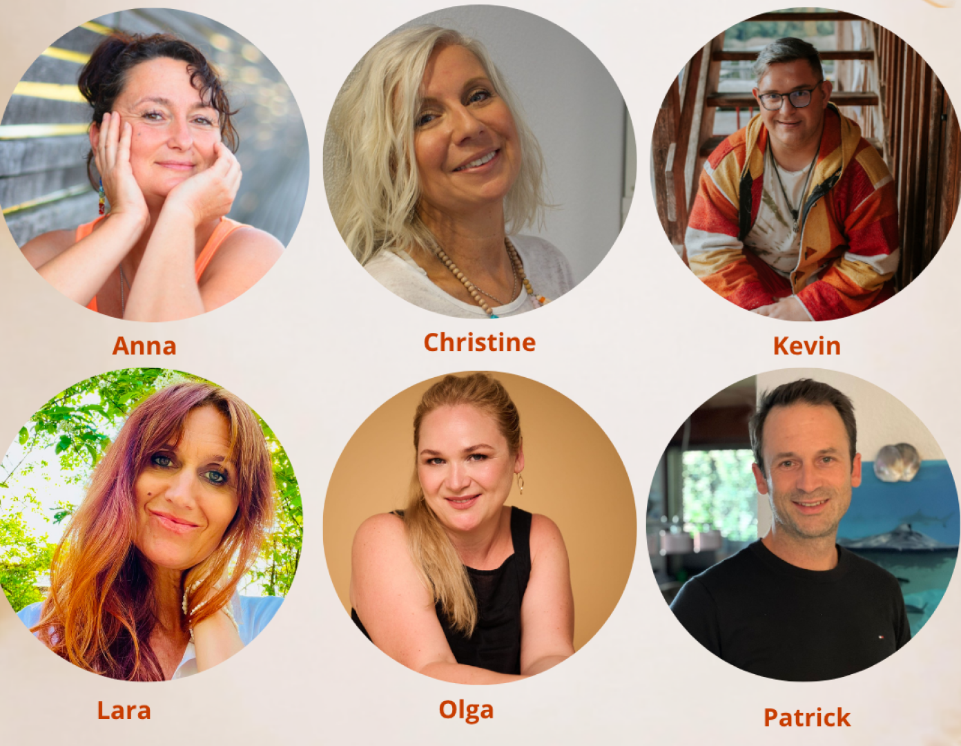 Eine Collage aus sechs Erwachsenen, die jeweils in separaten runden Rahmen lächeln. Darunter stehen die Namen: Anna, Christine, Kevin, Lara, Olga und Patrick. Die Hintergründe reichen von Außenaufnahmen bis hin zu Innenaufnahmen.