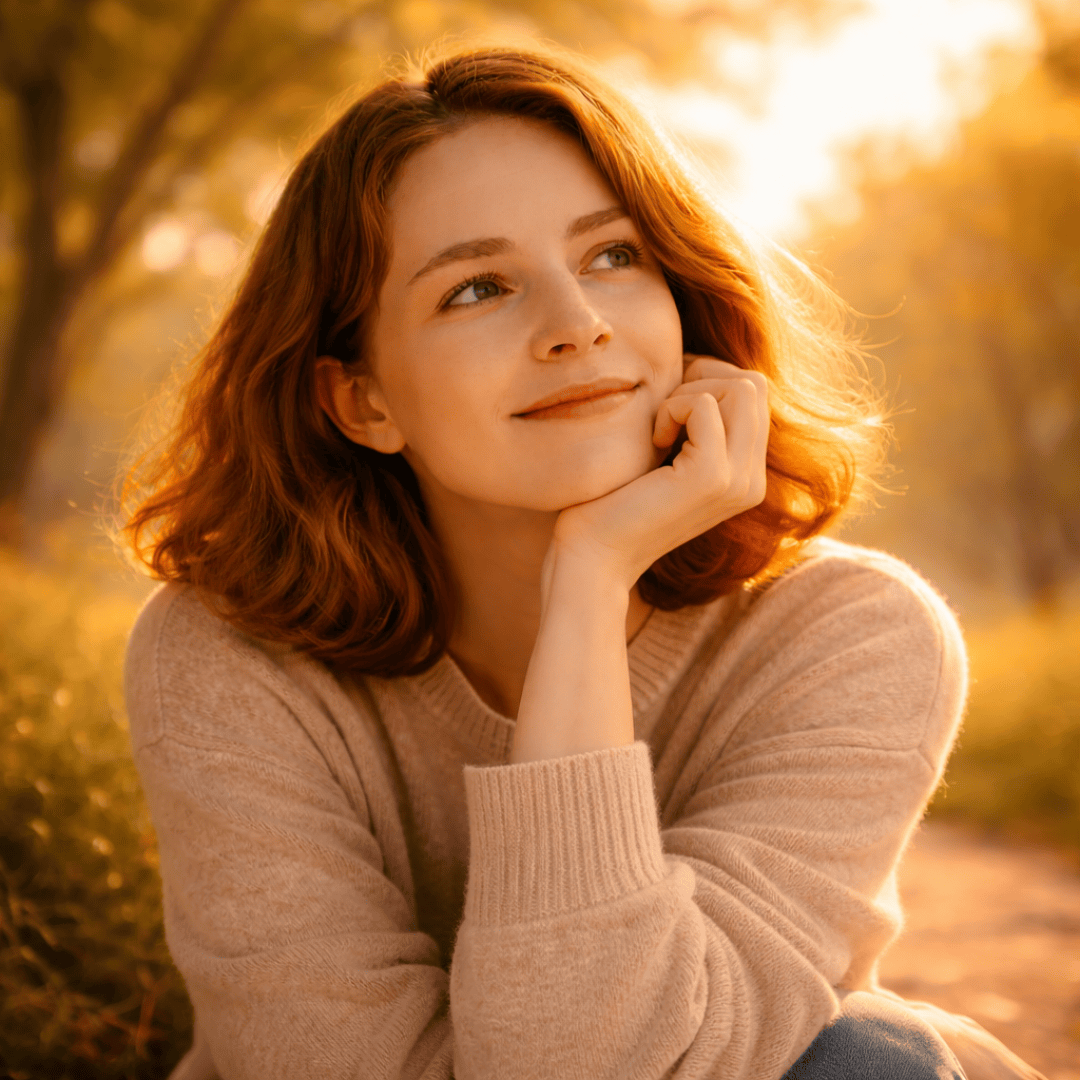 Eine junge Frau mit roten Haaren und einem hellen Pullover sitzt im Freien, stützt ihr Kinn auf ihre Hand und lächelt nachdenklich. Der Hintergrund ist sonnenbeschienen mit warmen, goldenen Tönen und verschwommenen Bäumen, die eine heitere Herbstatmosphäre schaffen.