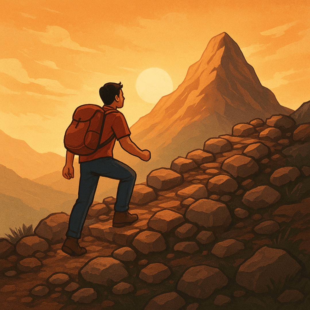 Eine Person mit Rucksack wandert bei Sonnenuntergang auf einem felsigen Bergpfad in Richtung eines hohen Gipfels unter einem orangefarbenen Himmel. Die Szene vermittelt den Eindruck von Abenteuer und Entschlossenheit in einer natürlichen Landschaft.